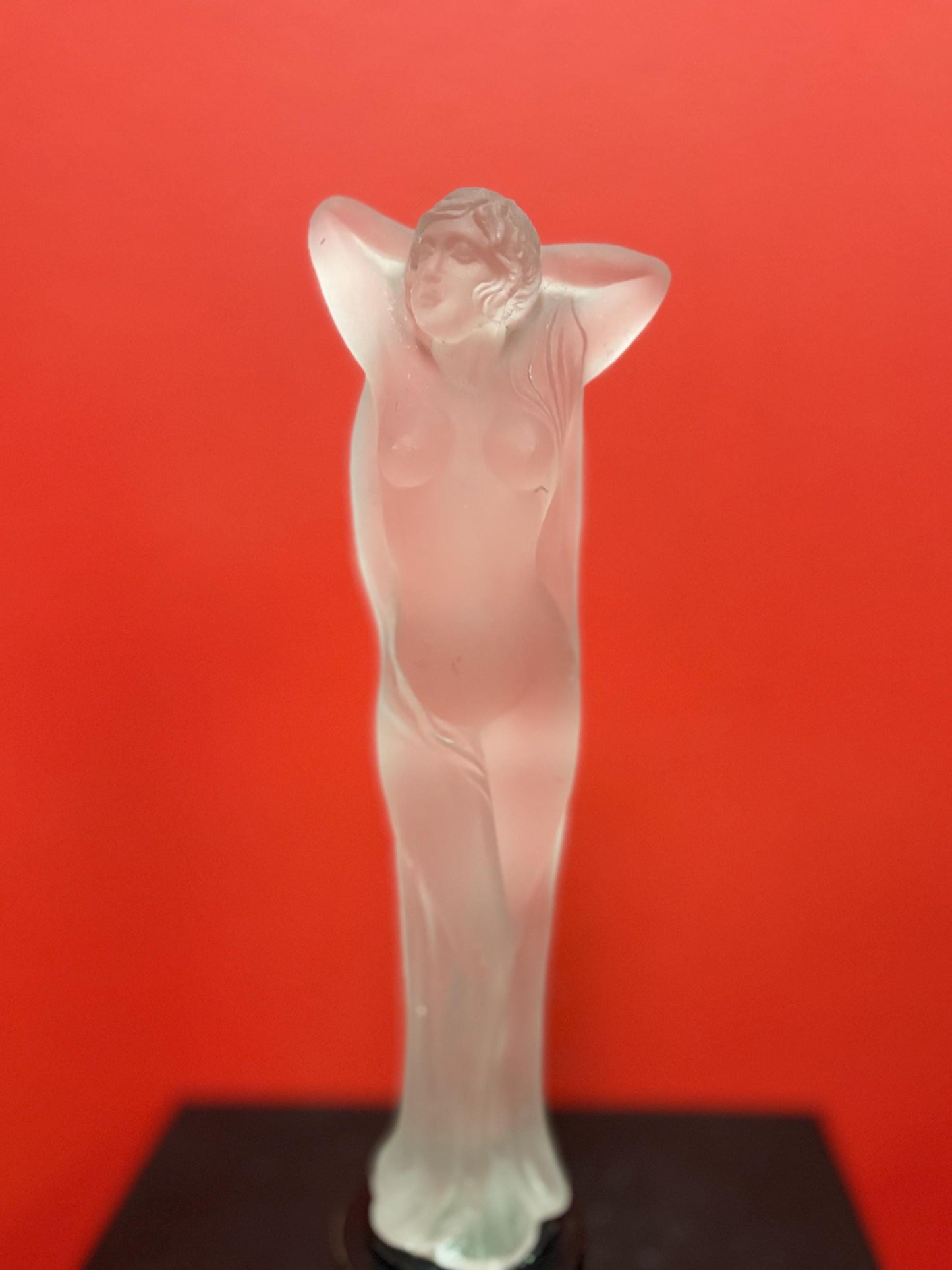 Amazing 10 inch tall antique European frosted art glass nude on wooden stand amazing detail great value and great gift wow