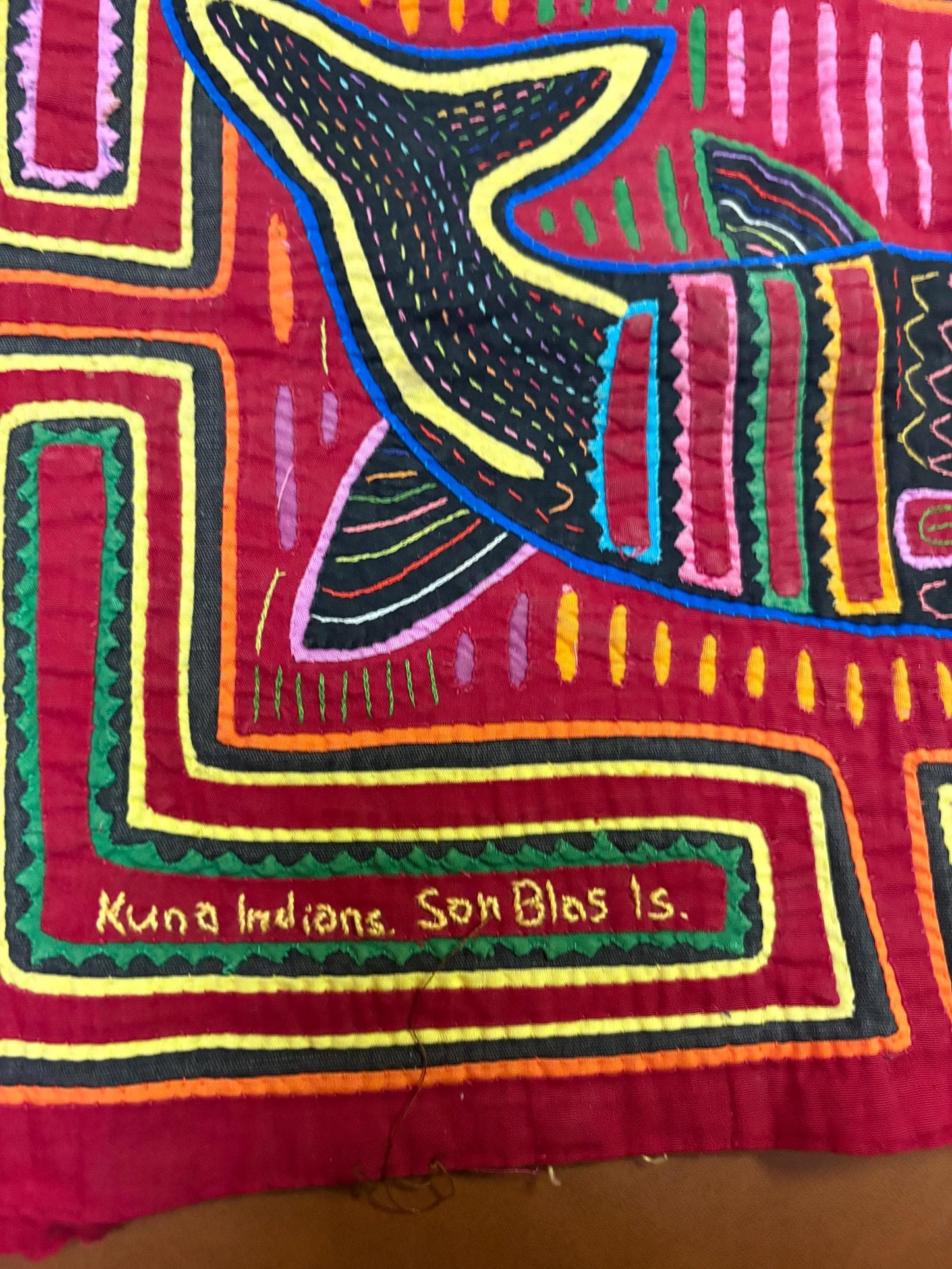 Beautiful central American 16 x 13 inch embroidered MOLA textile of a fish — ready to hang or frame - great gift — great value
