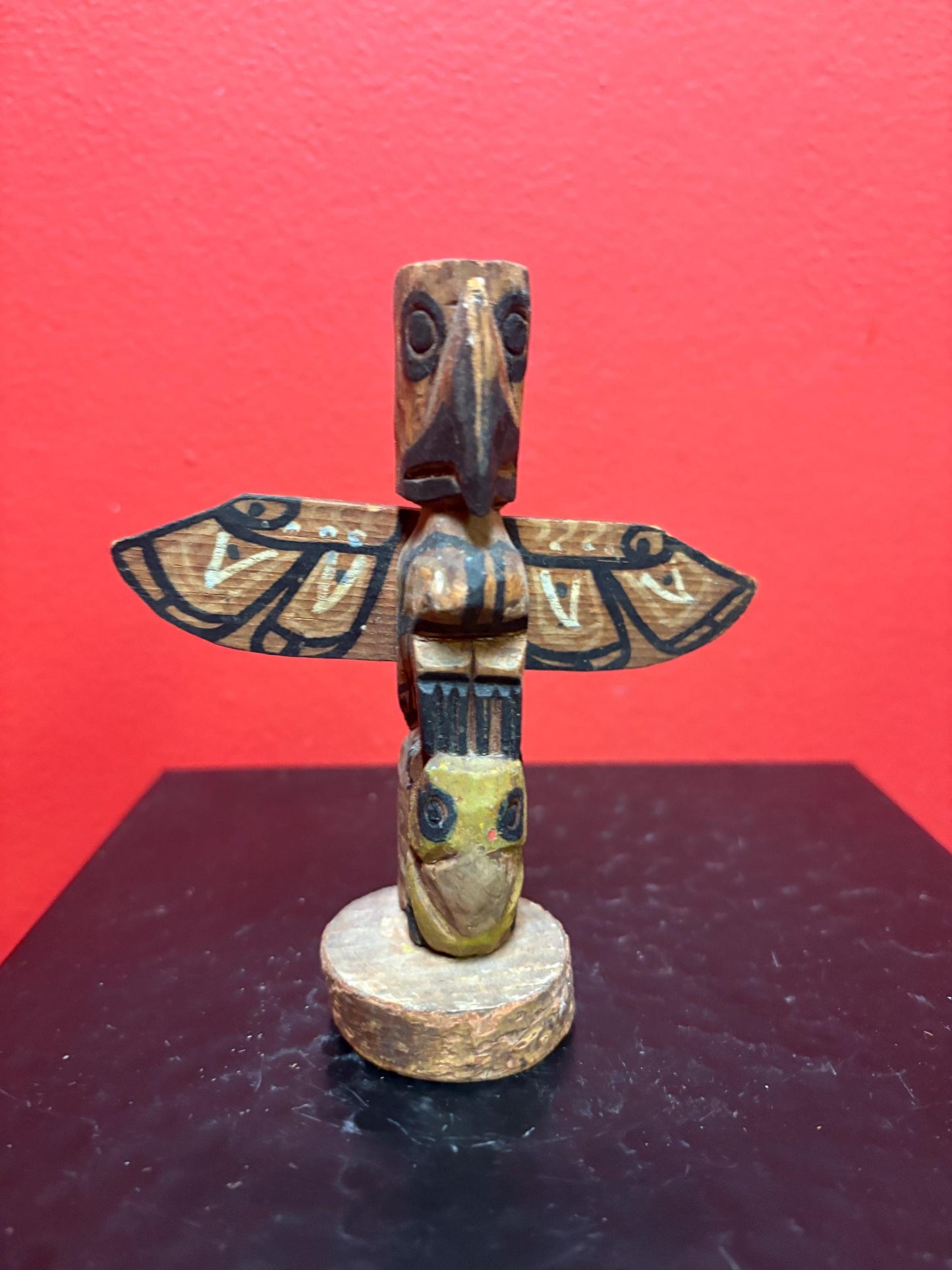 very beautiful very old 5 inch tall polychrome painted totem pole unsigned wow detail-