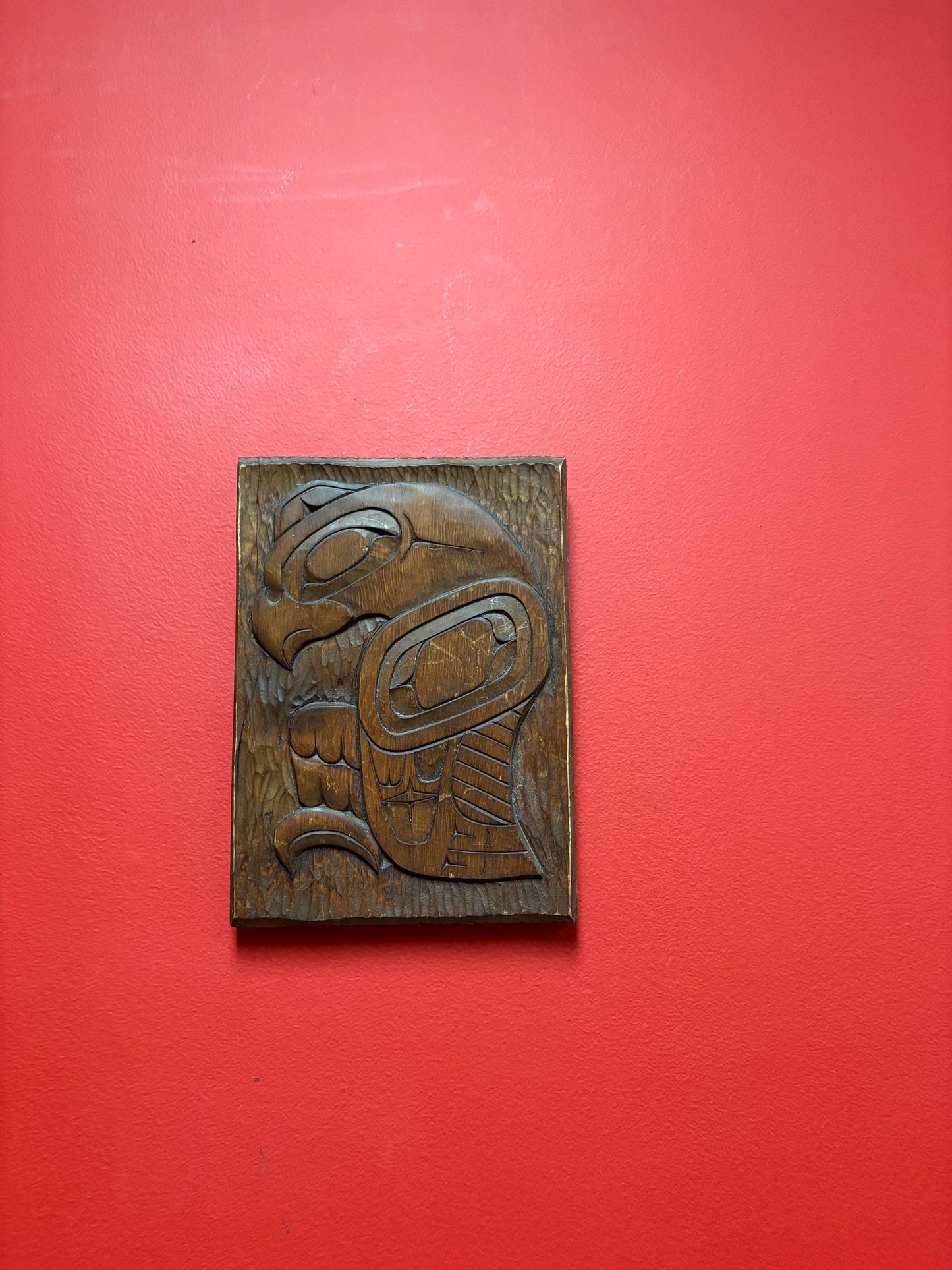 Beautiful indigenous first nations Pacific Northwest Coast 10 x 7” x 1” thick cedar plaque of an eagle landing — amazing detail and quality-