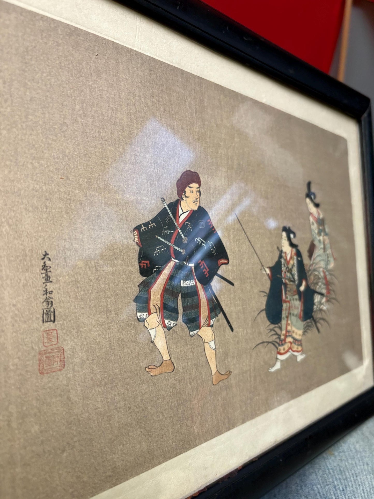 Stunning 19 century signed Japanese painting on linen in lovely frame - 15 x 11 wide  wonderful imagery