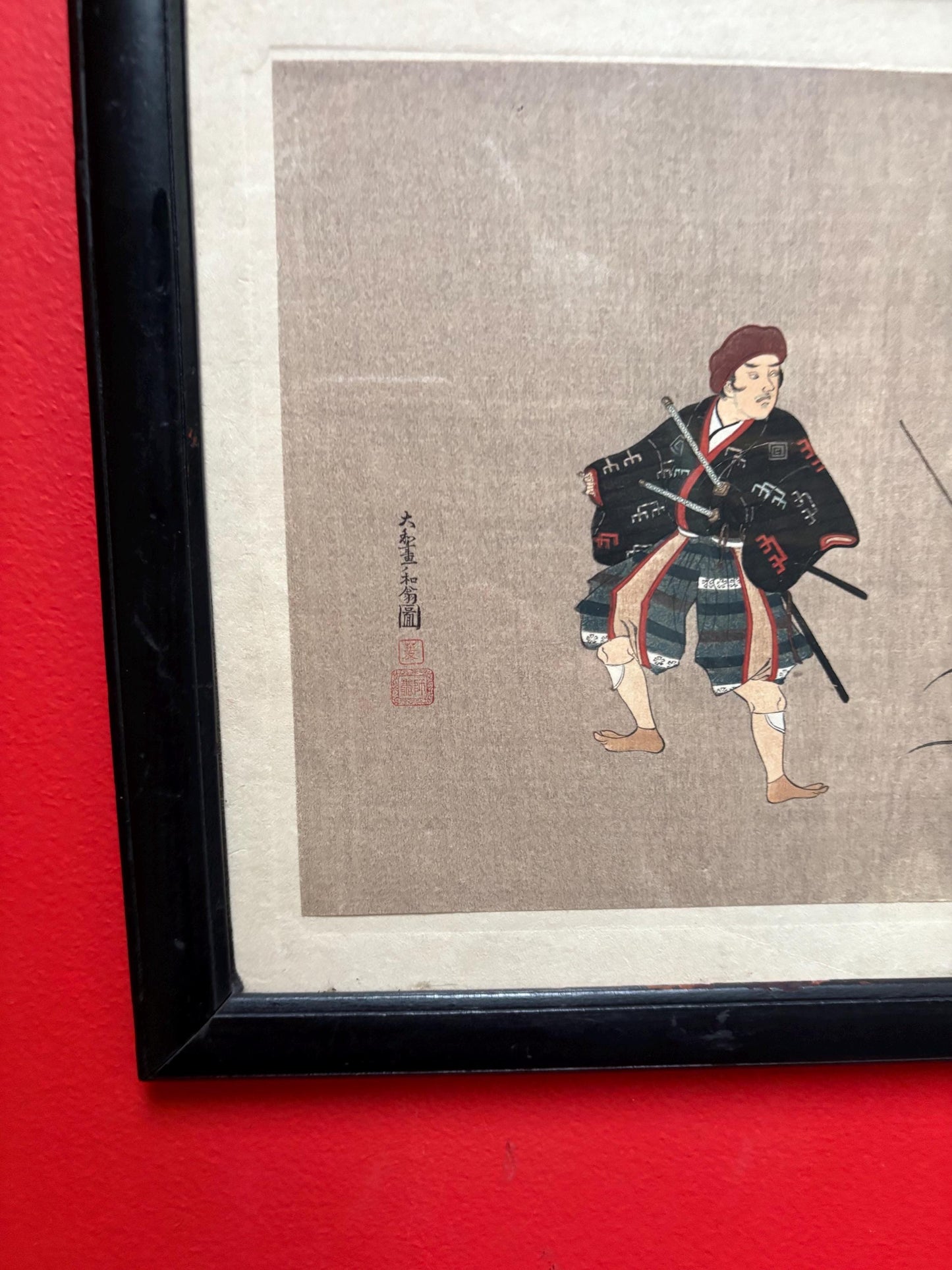 Stunning 19 century signed Japanese painting on linen in lovely frame - 15 x 11 wide  wonderful imagery