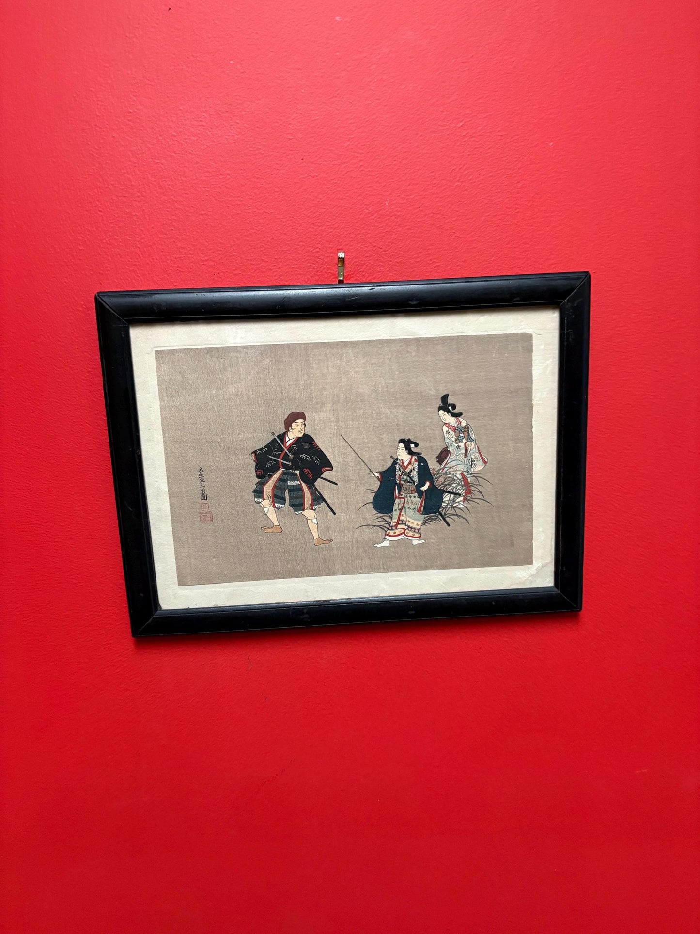 Stunning 19 century signed Japanese painting on linen in lovely frame - 15 x 11 wide  wonderful imagery