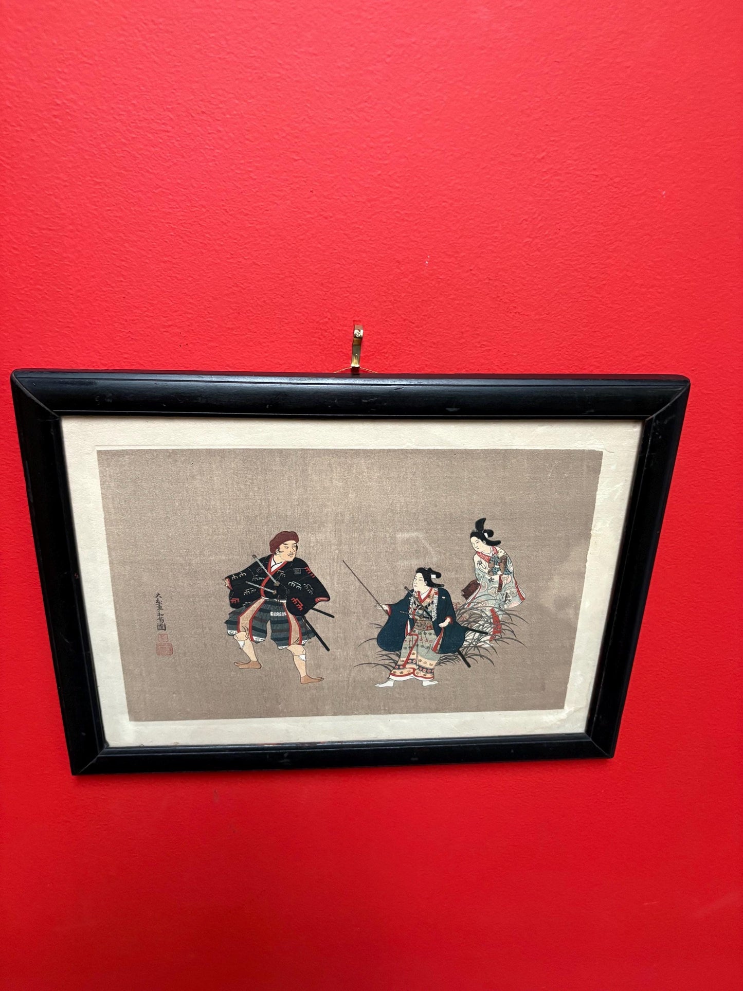 Stunning 19 century signed Japanese painting on linen in lovely frame - 15 x 11 wide  wonderful imagery