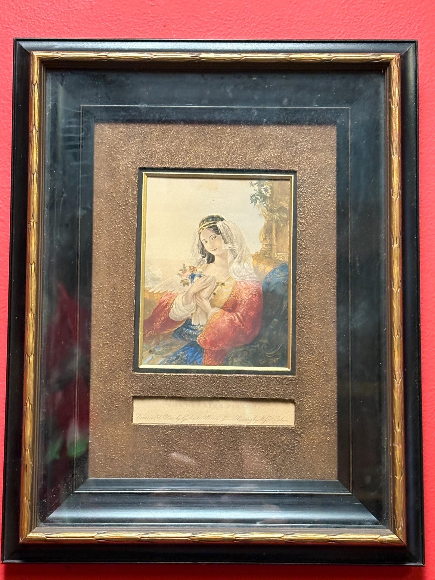 Amazing 19 century 14 x 10 baxter print in beautiful frame with information on back  the pigeon carrier  great condition and amazing valu