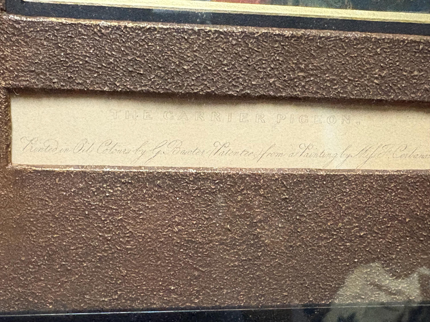 Amazing 19 century 14 x 10 baxter print in beautiful frame with information on back  the pigeon carrier  great condition and amazing valu