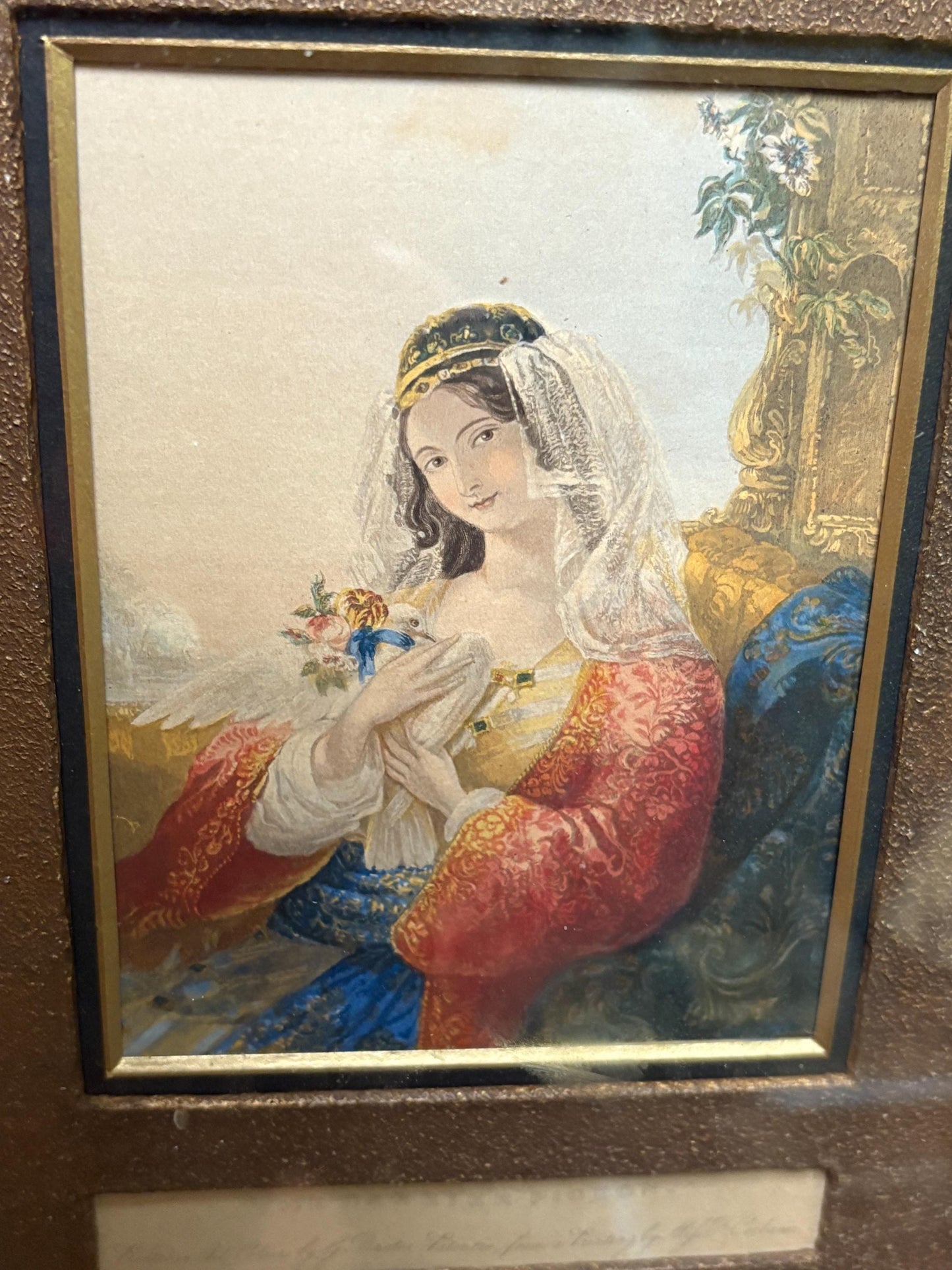 Amazing 19 century 14 x 10 baxter print in beautiful frame with information on back  the pigeon carrier  great condition and amazing valu