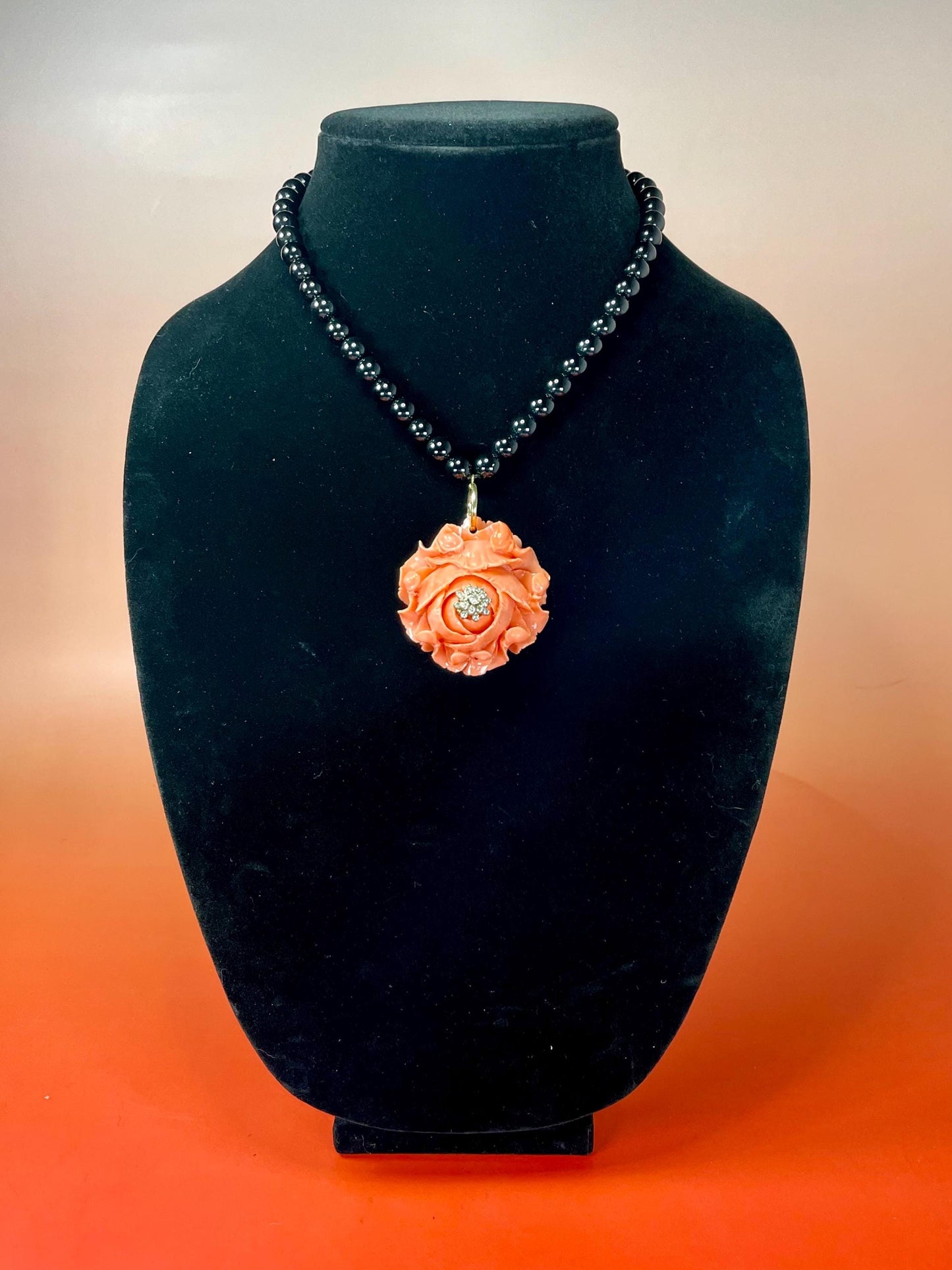 16 inch Black Glass Bead Necklace with Coral Floral Pendant  Bold Statement Necklace