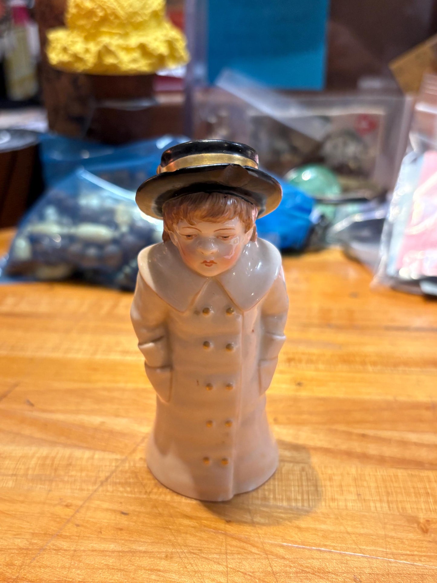 Stunning antique 4.5 inch tall early 19 century Royal Worcester candle snuffer - Lady figure with tiny chip on hat  wow