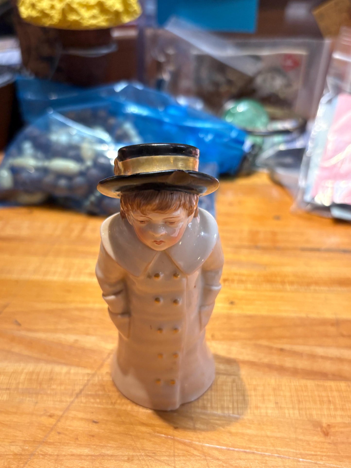 Stunning antique 4.5 inch tall early 19 century Royal Worcester candle snuffer - Lady figure with tiny chip on hat  wow