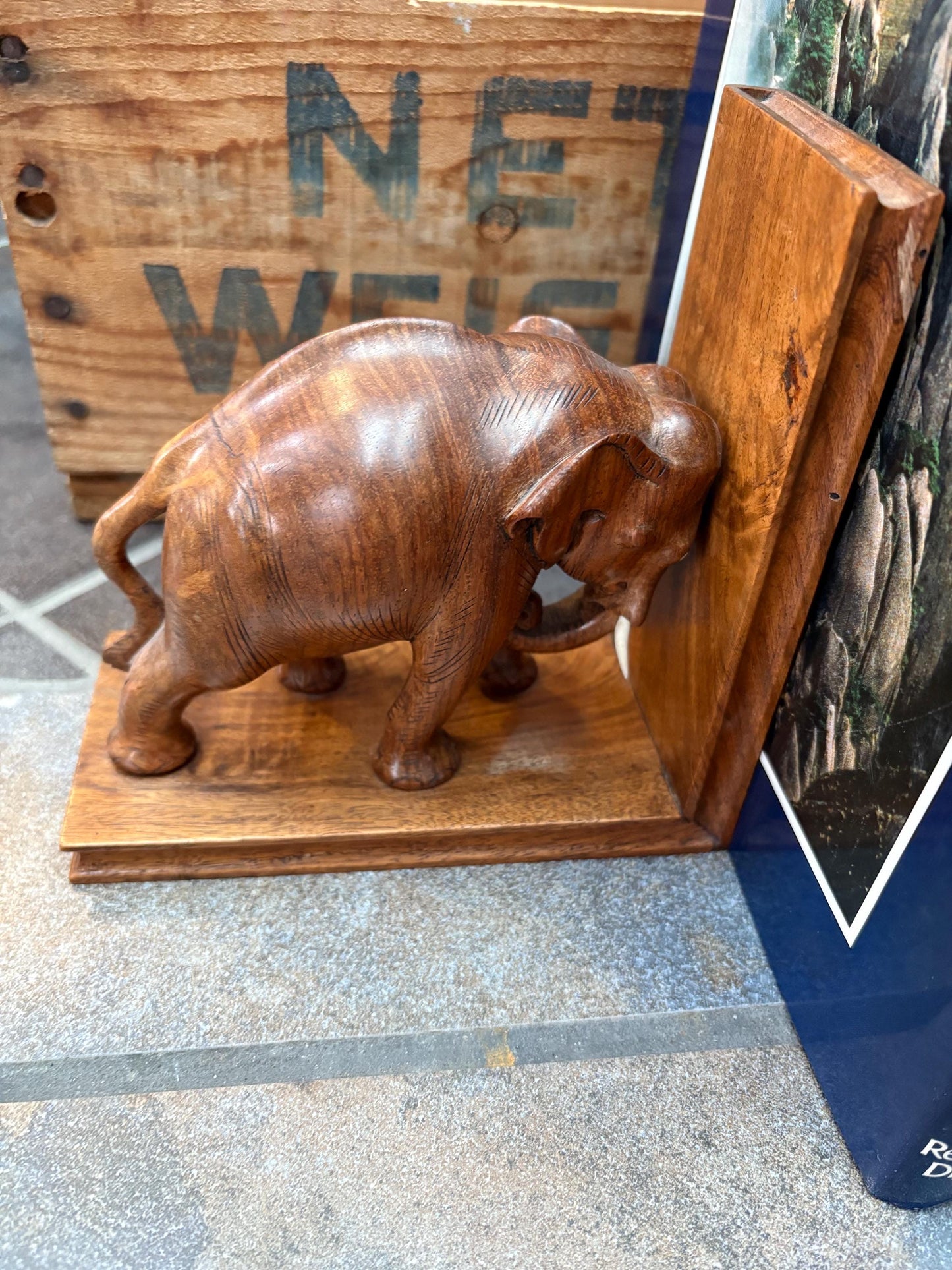 Amazing pair of Asian wood elephant bookends -  each 6 x 7 inches high  wonderful look and condition