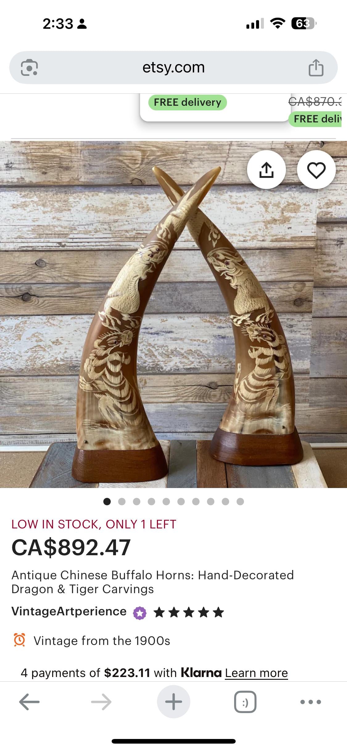 Large pair water Buffalo Chinese horns with animal imagery  approx 16 x 5 inch - great look and amazing price