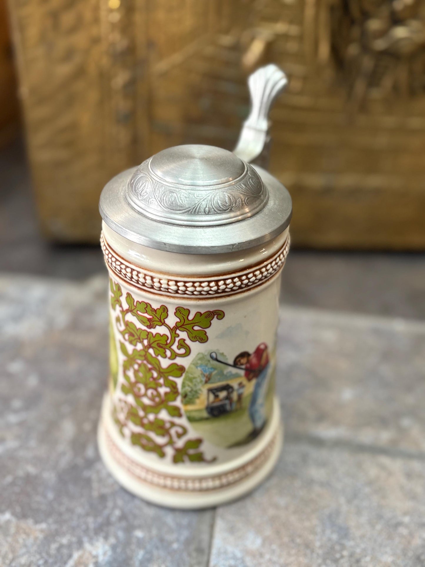 Beautiful vintage European 8 inch tall golfing stein  great condition  ready to use or gift