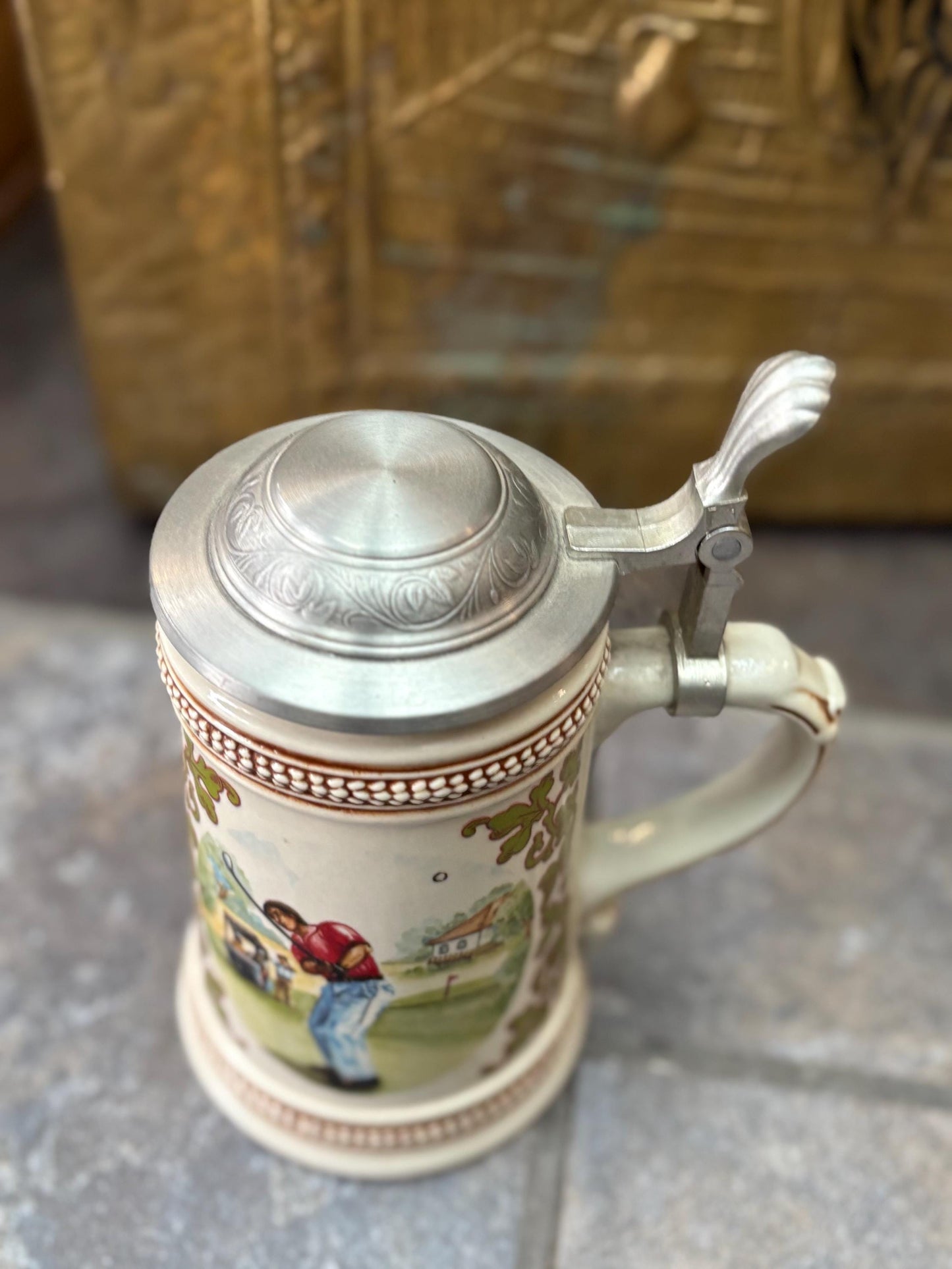 Beautiful vintage European 8 inch tall golfing stein  great condition  ready to use or gift