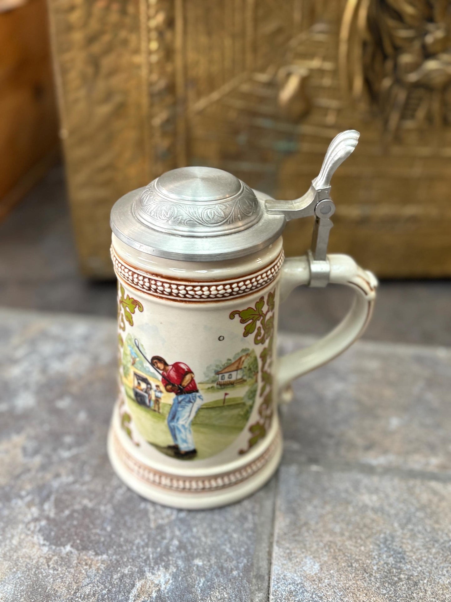 Beautiful vintage European 8 inch tall golfing stein  great condition  ready to use or gift