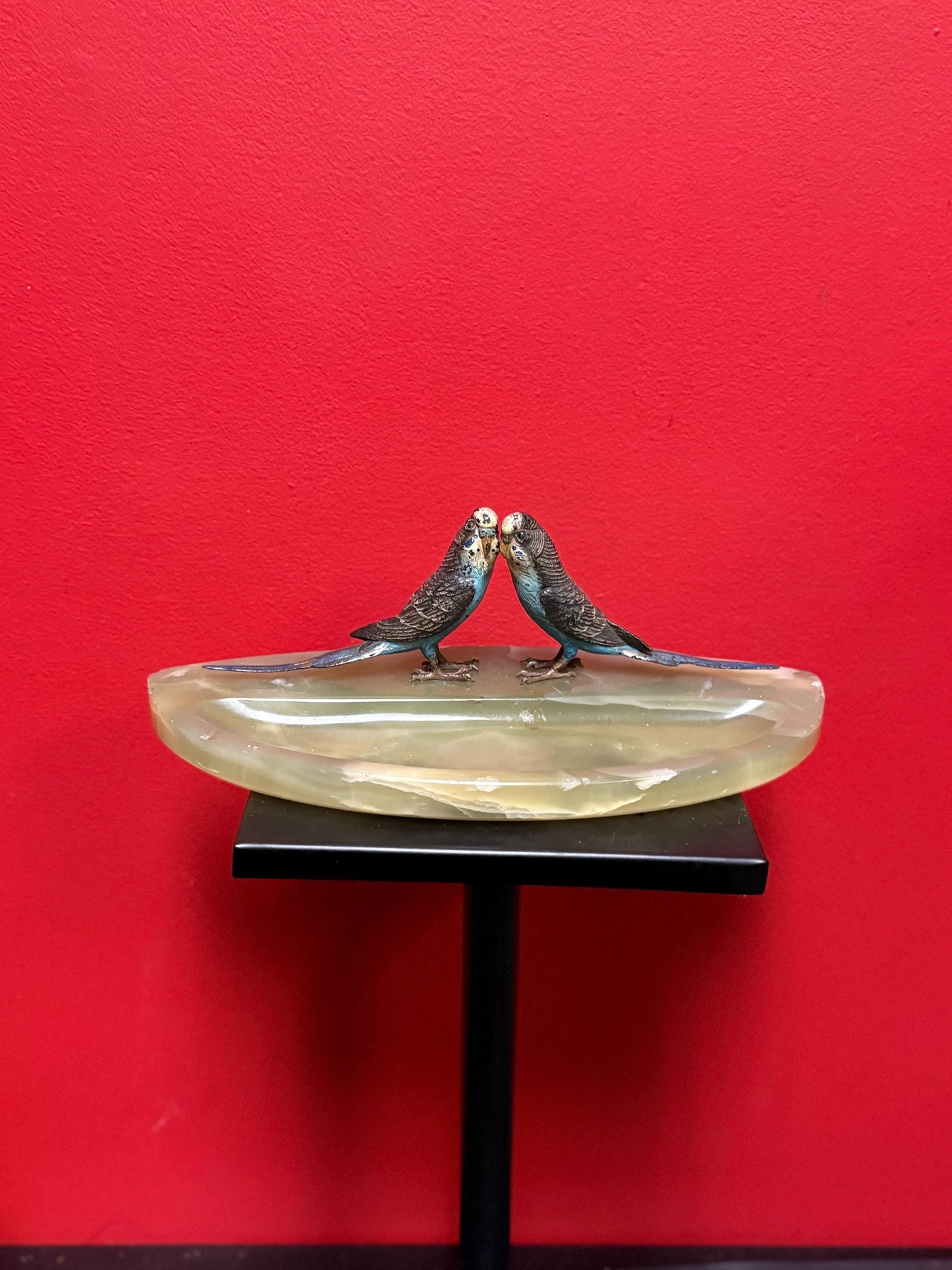 Stunning 11 x 5.5 x 3 inch high Austrian cold painted bronze budgies on onyx base  possibly Franz Bergman  small chips on base  wonderful