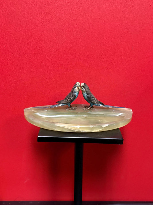 Stunning 11 x 5.5 x 3 inch high Austrian cold painted bronze budgies on onyx base  possibly Franz Bergman  small chips on base  wonderful