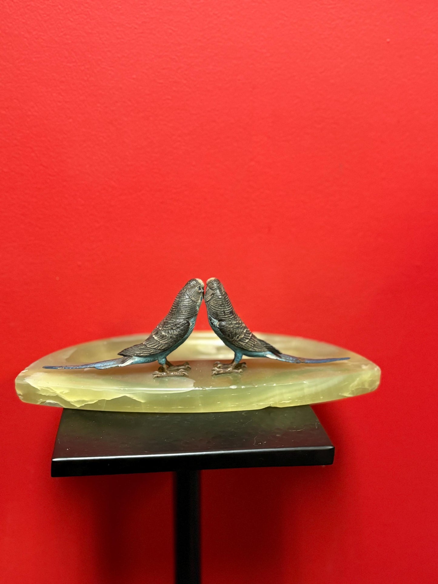 Stunning 11 x 5.5 x 3 inch high Austrian cold painted bronze budgies on onyx base  possibly Franz Bergman  small chips on base  wonderful