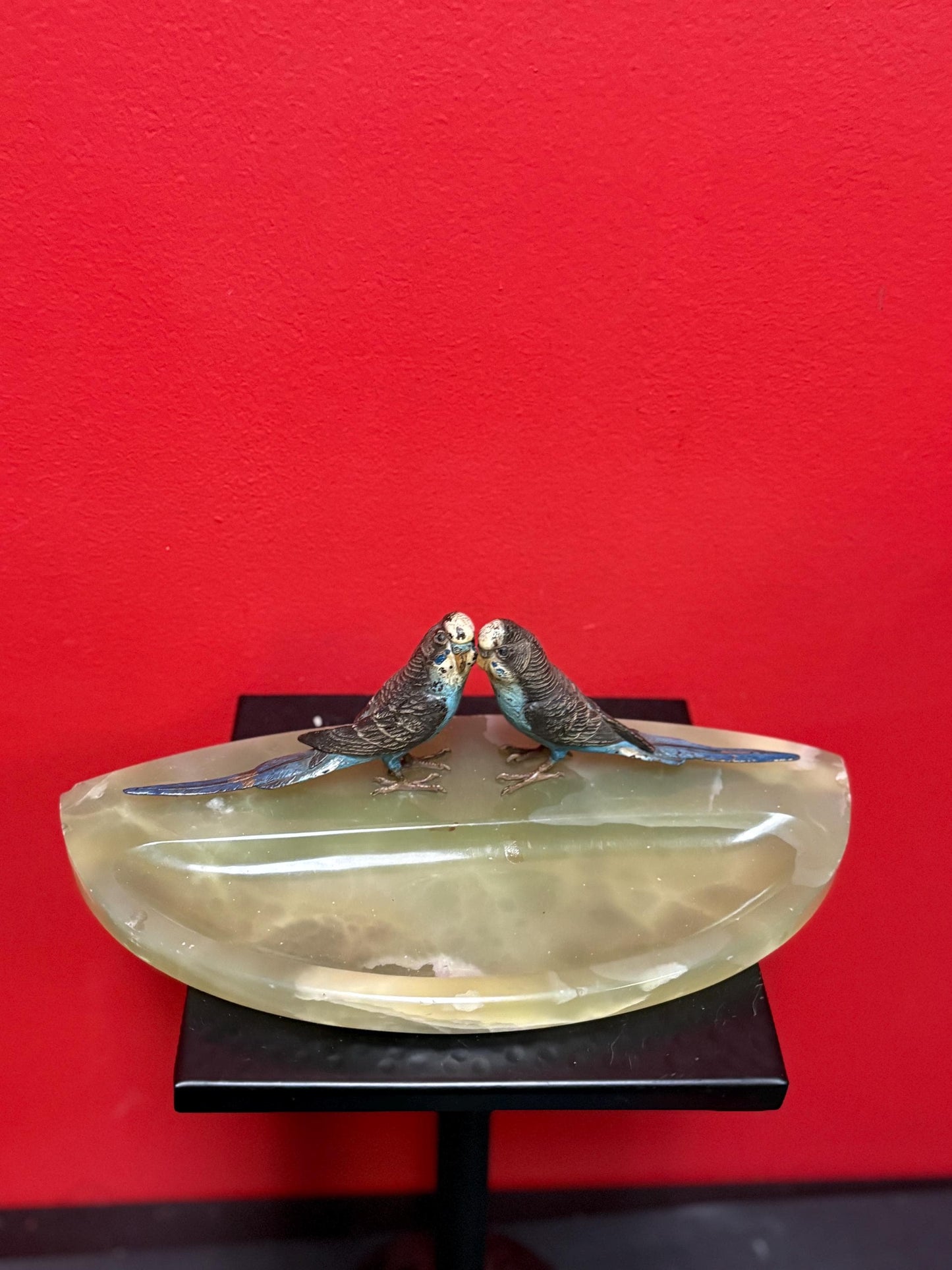 Stunning 11 x 5.5 x 3 inch high Austrian cold painted bronze budgies on onyx base  possibly Franz Bergman  small chips on base  wonderful