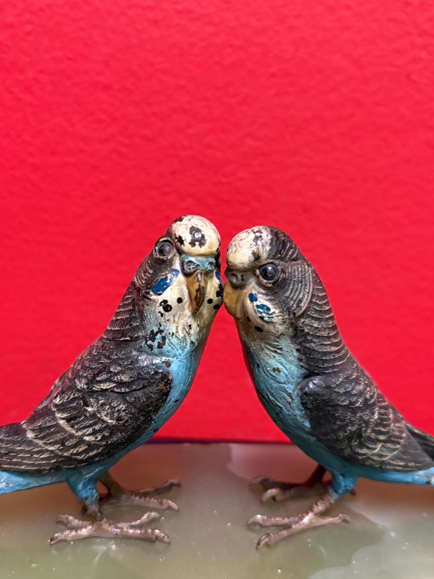 Stunning 11 x 5.5 x 3 inch high Austrian cold painted bronze budgies on onyx base  possibly Franz Bergman  small chips on base  wonderful