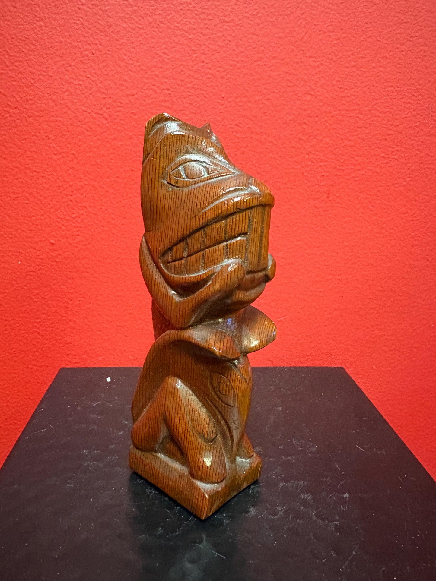 Lovely 6 inch indigenous first Nations, Pacific NorthwestCoast beaver killer whale transformation totem with honey glaze finish