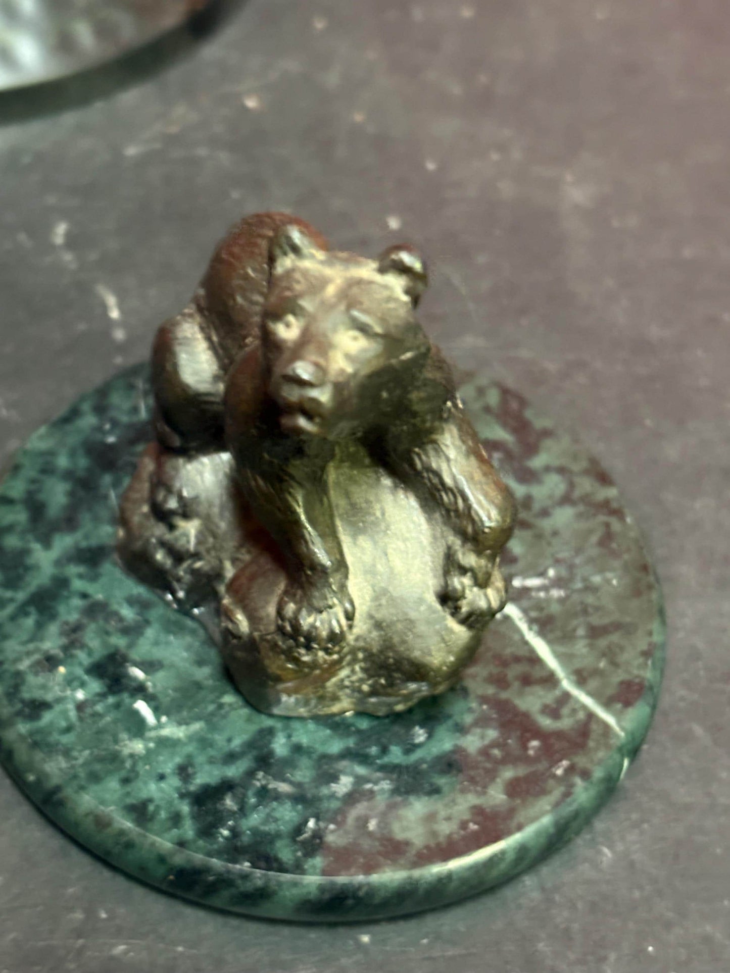 Lovely little 4 inch high antique bronze statue of a bear glued on a marble stand  nice detail and great value