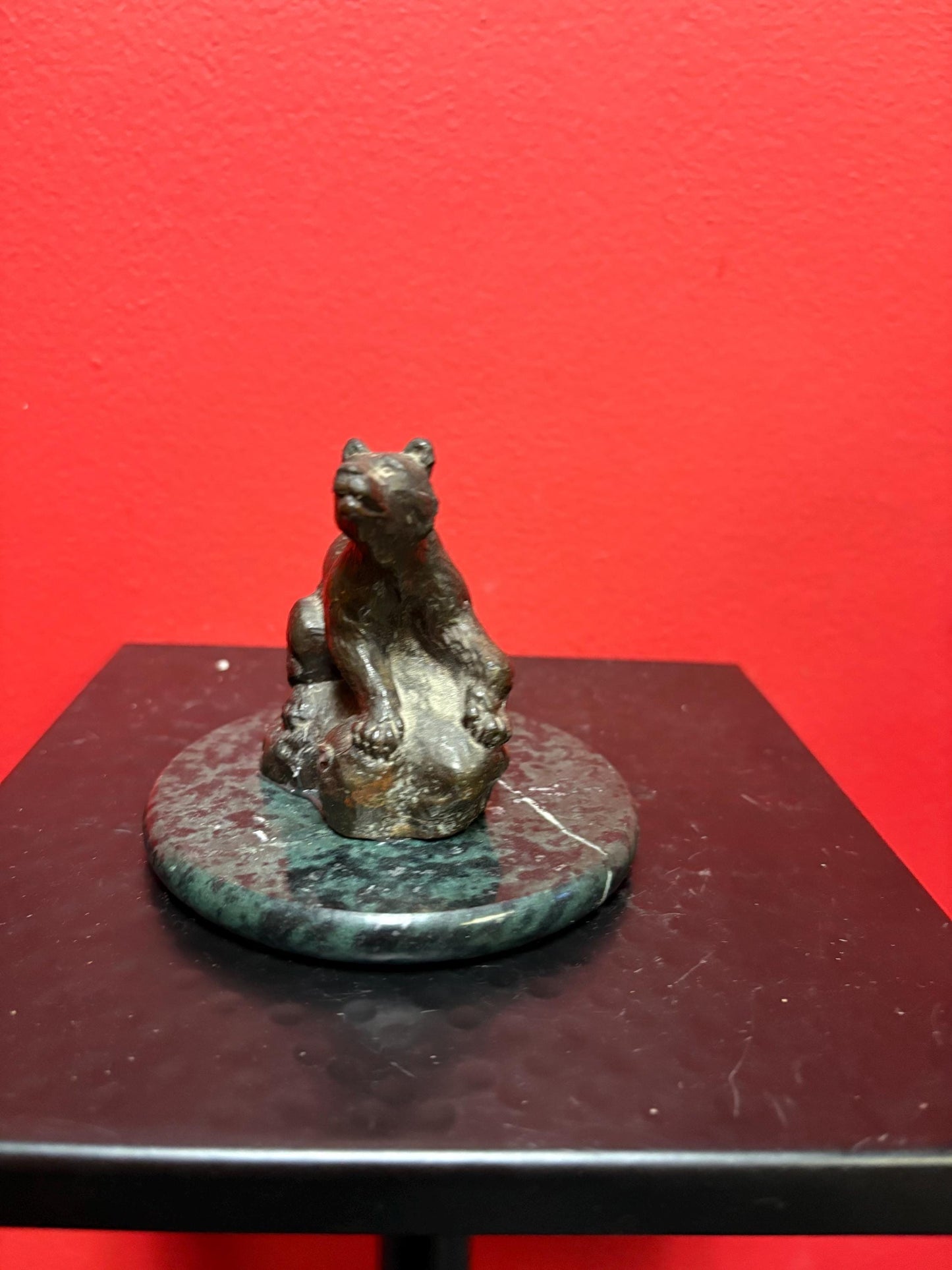 Lovely little 4 inch high antique bronze statue of a bear glued on a marble stand  nice detail and great value