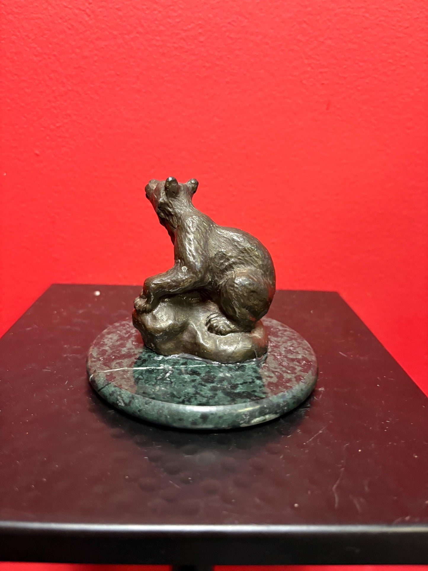 Lovely little 4 inch high antique bronze statue of a bear glued on a marble stand  nice detail and great value