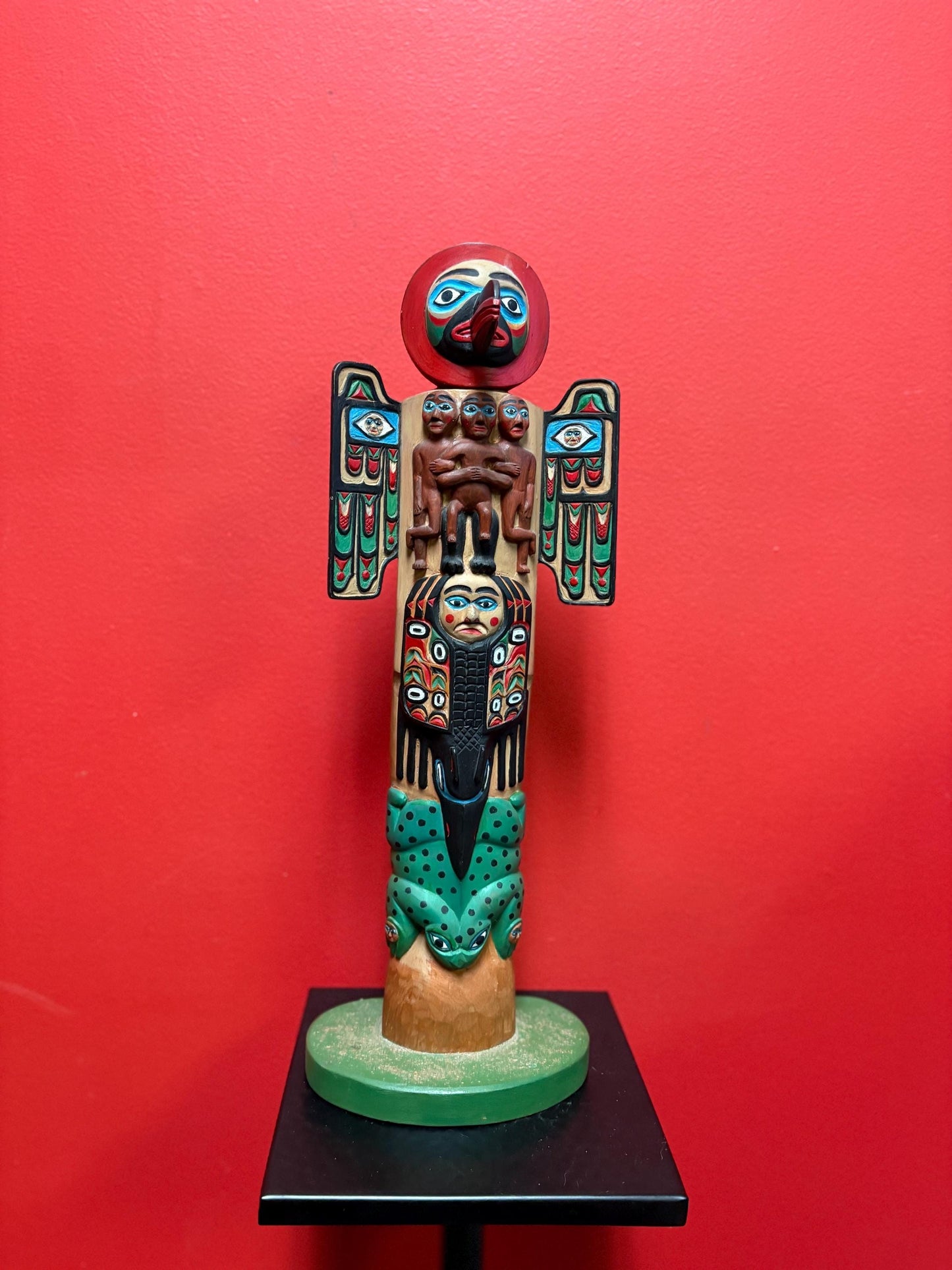 Magnificent museum quality 17 inch tall early 1900s polychrome painted unsigned indigenous first nations pacific Northwest coast totem pole