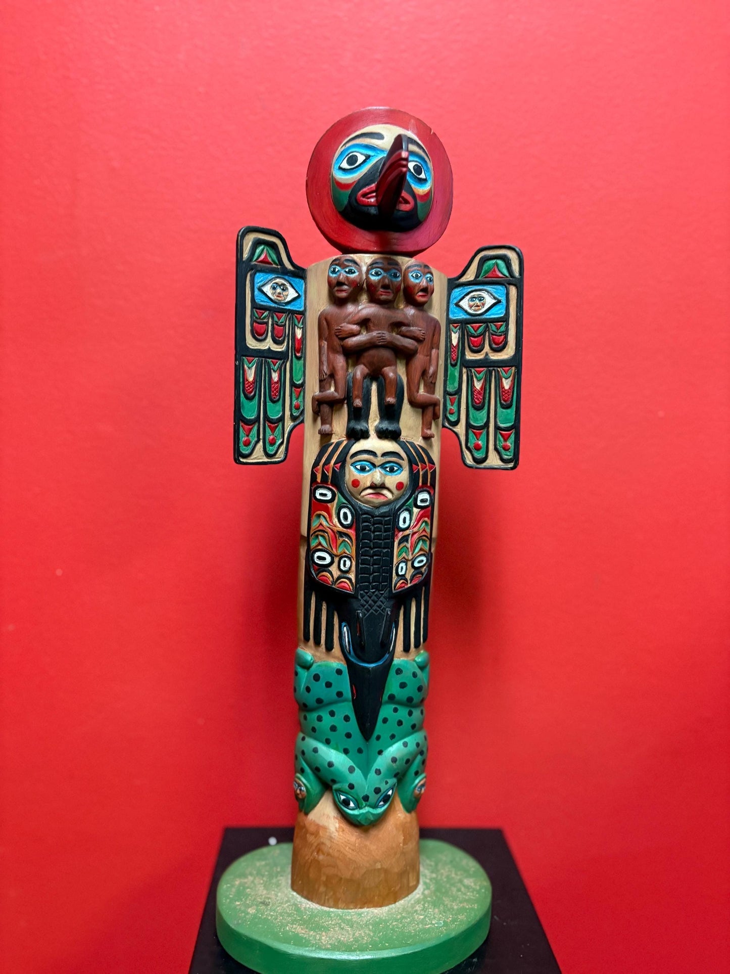Magnificent museum quality 17 inch tall early 1900s polychrome painted unsigned indigenous first nations pacific Northwest coast totem pole