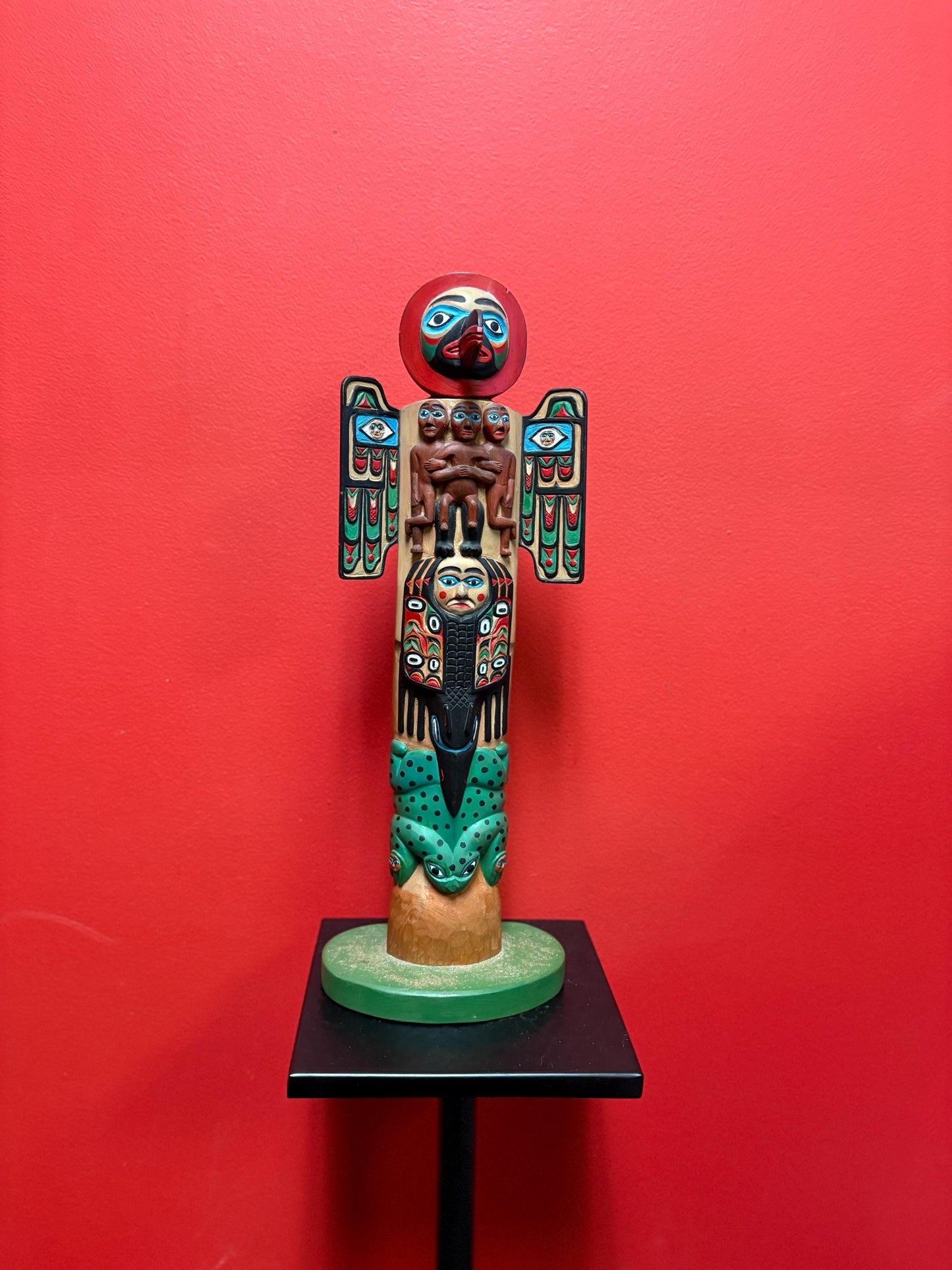 Magnificent museum quality 17 inch tall early 1900s polychrome painted unsigned indigenous first nations pacific Northwest coast totem pole