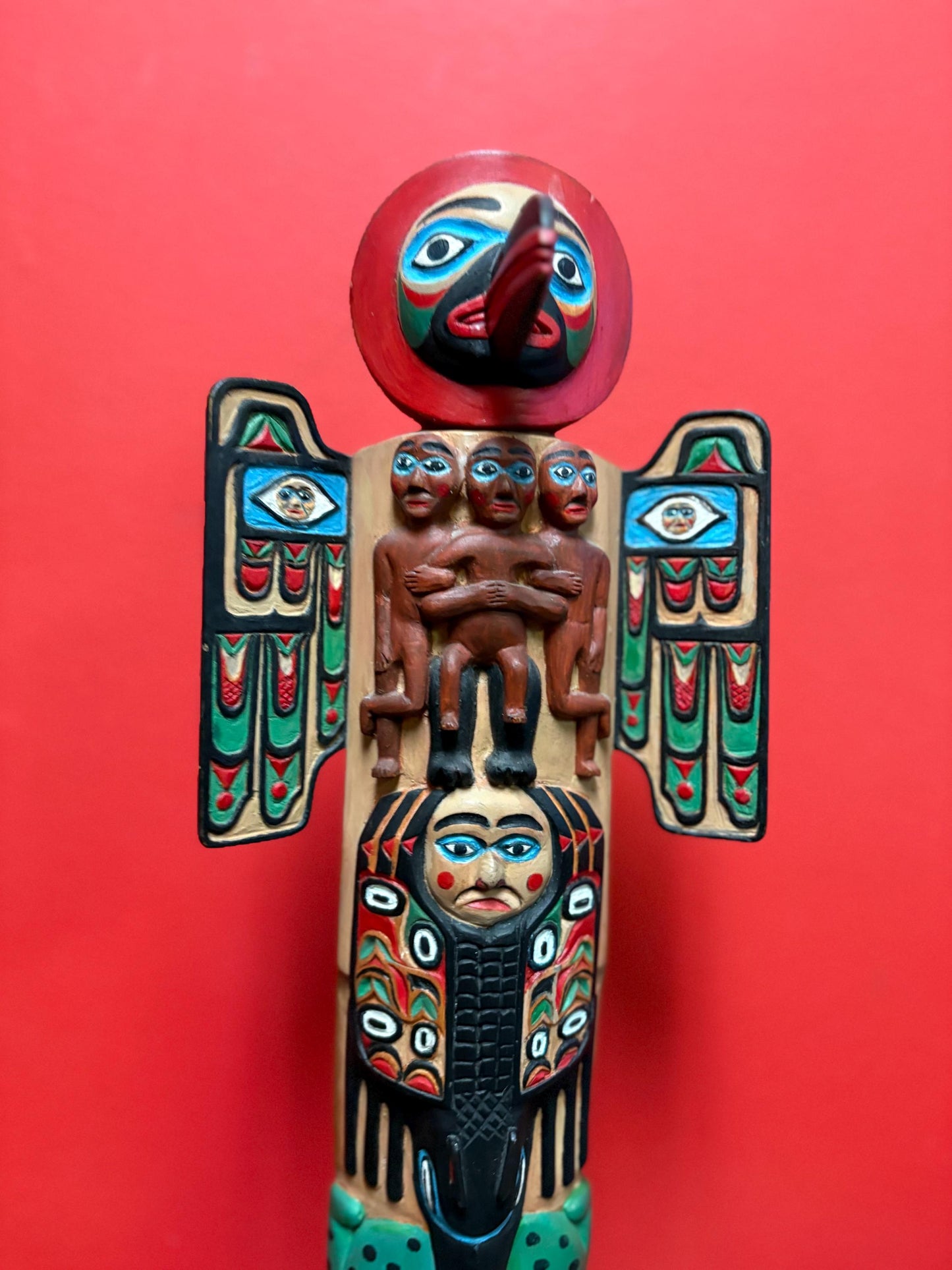 Magnificent museum quality 17 inch tall early 1900s polychrome painted unsigned indigenous first nations pacific Northwest coast totem pole
