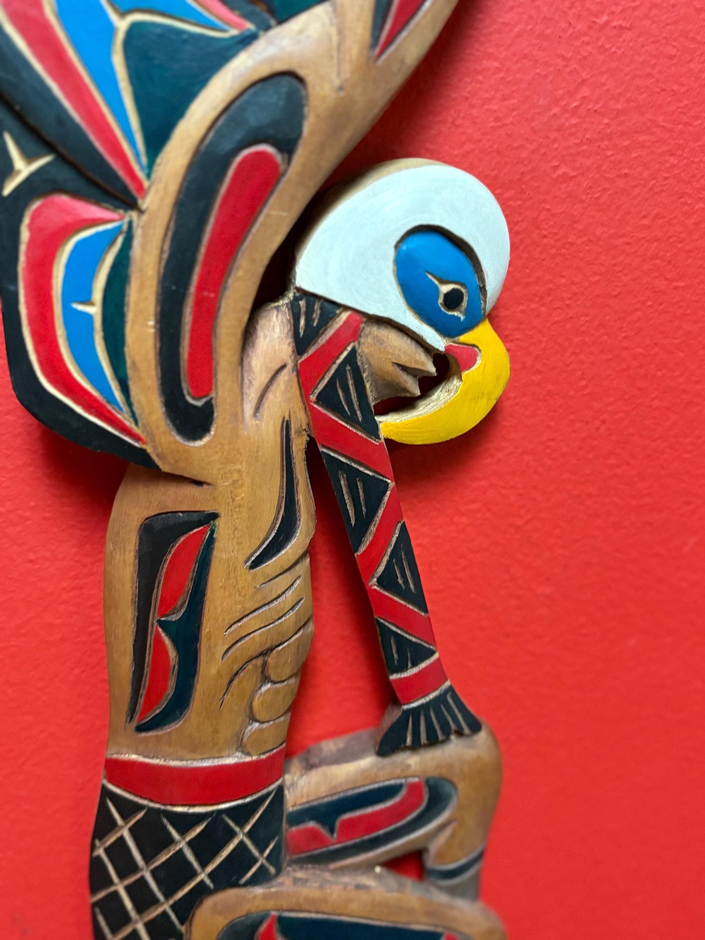 Magnificent 22 x 5 indigenous first nations Pacific Northwest Coast unsigned Eagle Man transformation plaque - amazing detail - wow