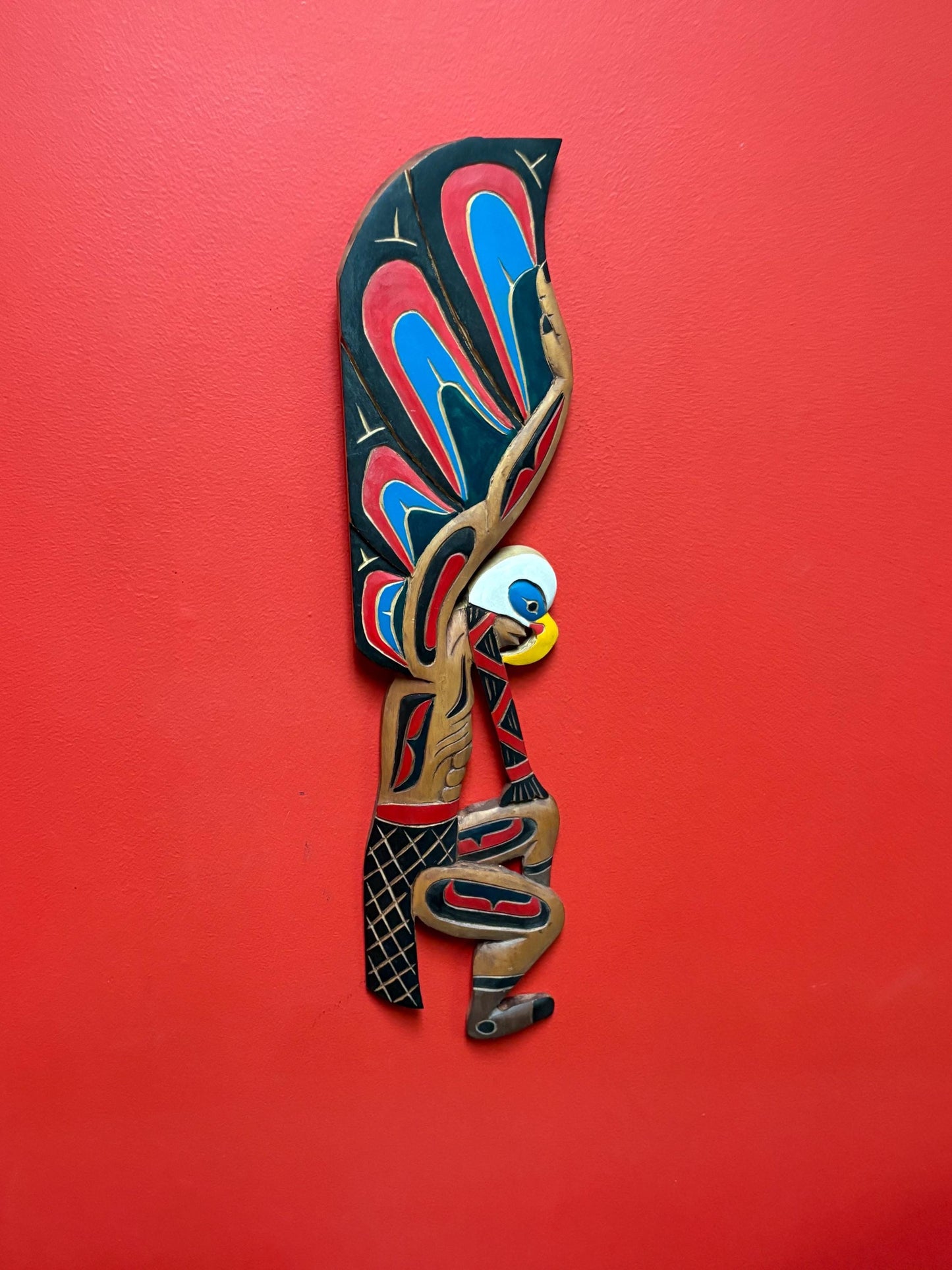 Magnificent 22 x 5 indigenous first nations Pacific Northwest Coast unsigned Eagle Man transformation plaque - amazing detail - wow