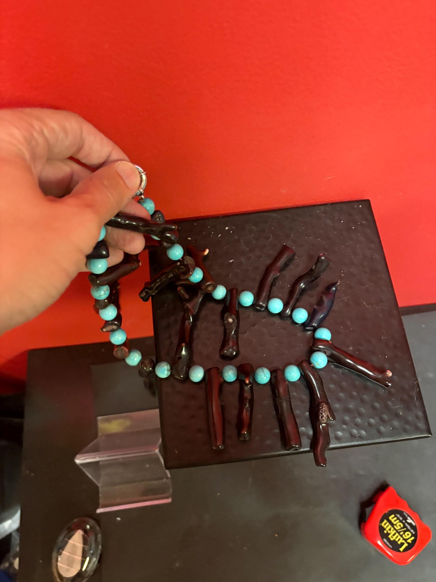 Magnificent approximately 21 inch long Navajo indigenous turquoise and coral necklace absolute statement piece wow - B -