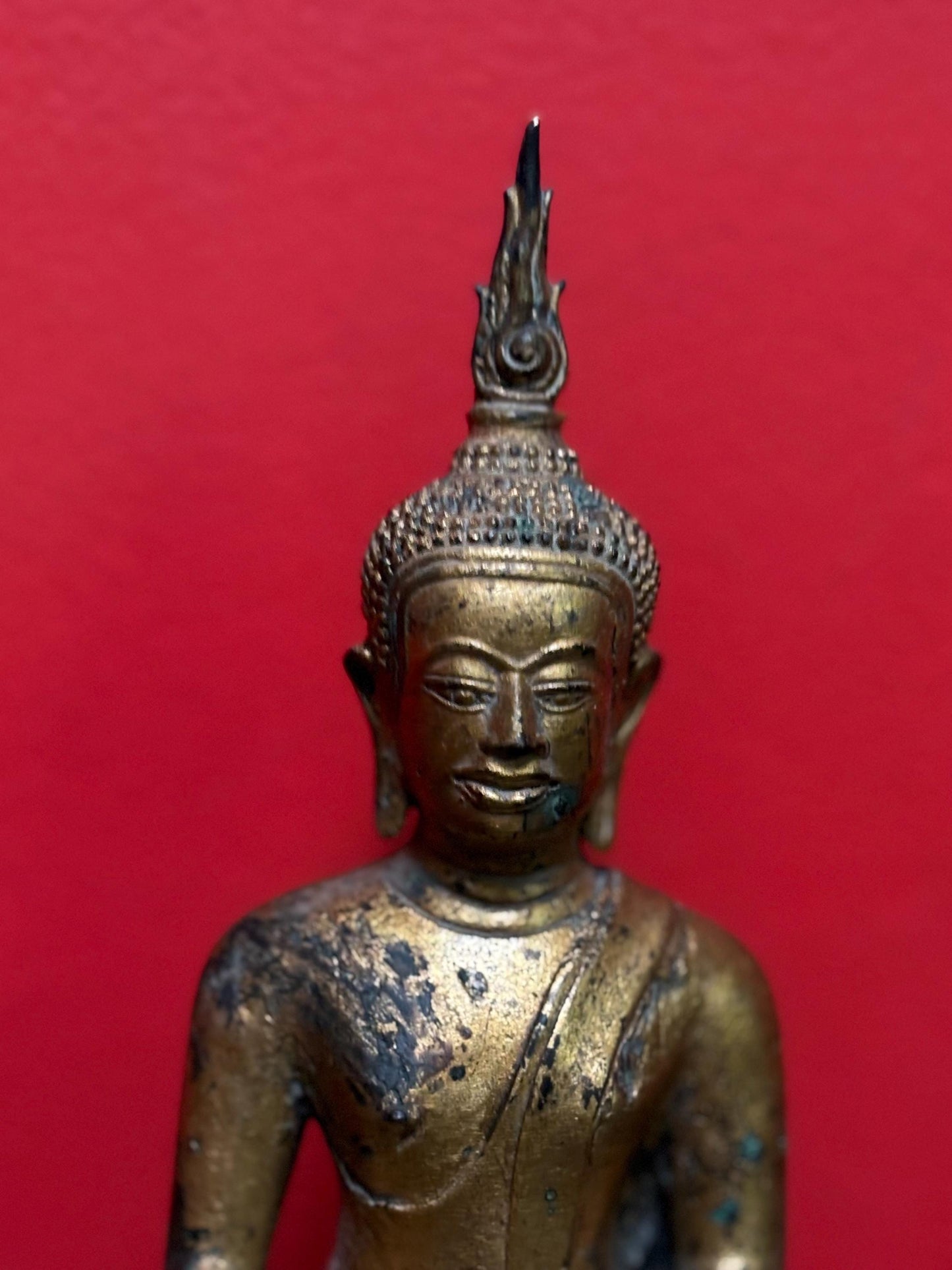 Magnificent museum quality 18 century THAI 9 1/2 x 5 wide gilded bronze seated statue of a Buddha  amazing patina -  wow