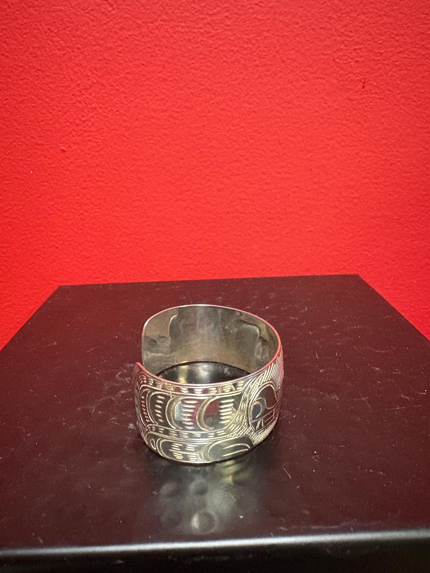 Stunning indigenous First Nations Pacific Northwest coast signed Sterling silver 2 1/2 inch wide and 1 thick bracelet cuff Thunderbird