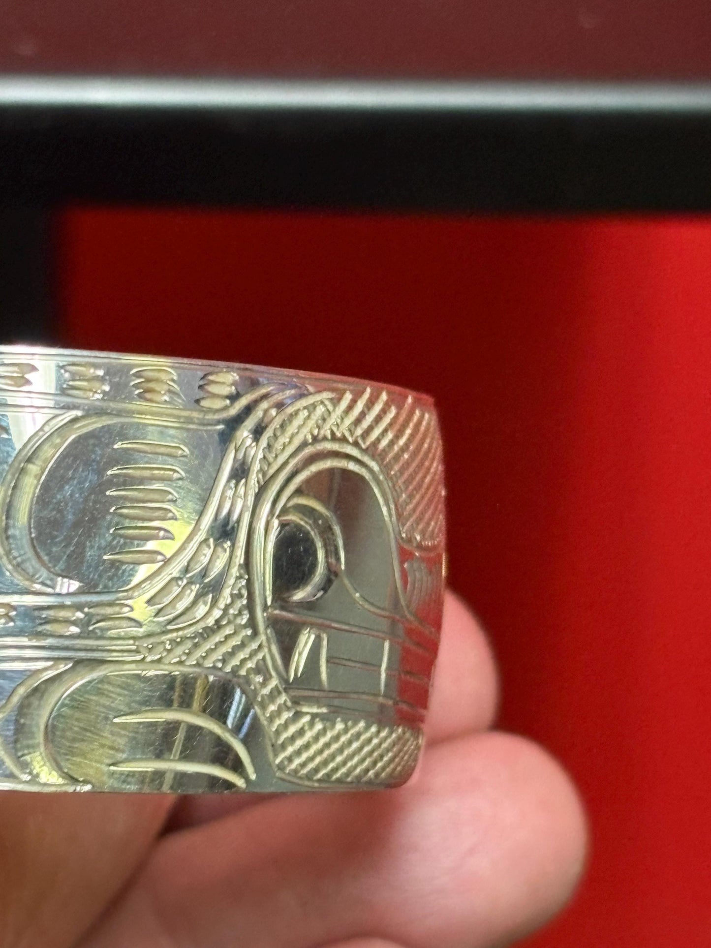 Stunning indigenous First Nations Pacific Northwest coast signed Sterling silver 2 1/2 inch wide and 1 thick bracelet cuff Thunderbird