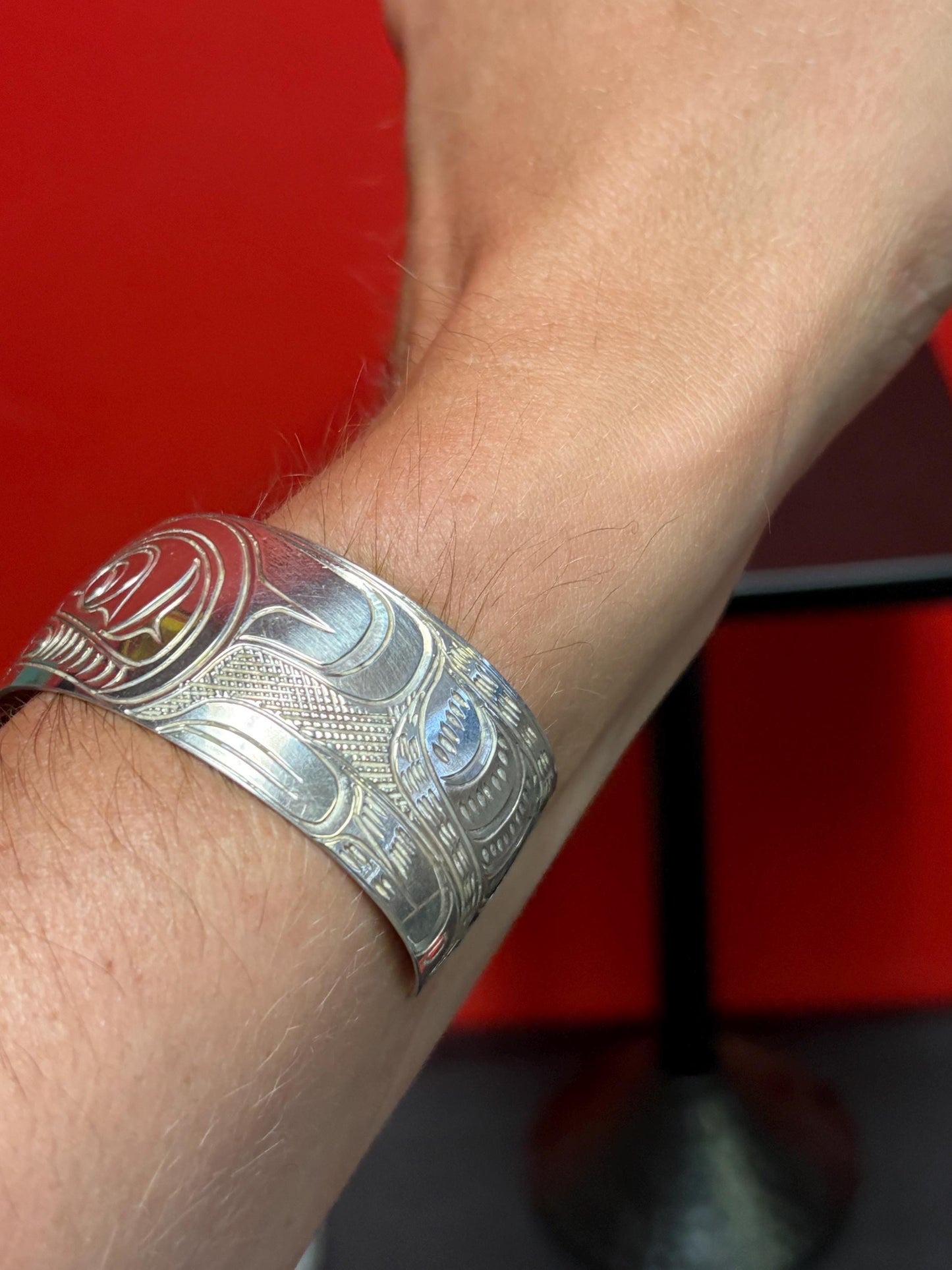 Stunning indigenous First Nations Pacific Northwest coast signed Sterling silver 2 1/2 inch wide and 1 thick bracelet cuff Thunderbird