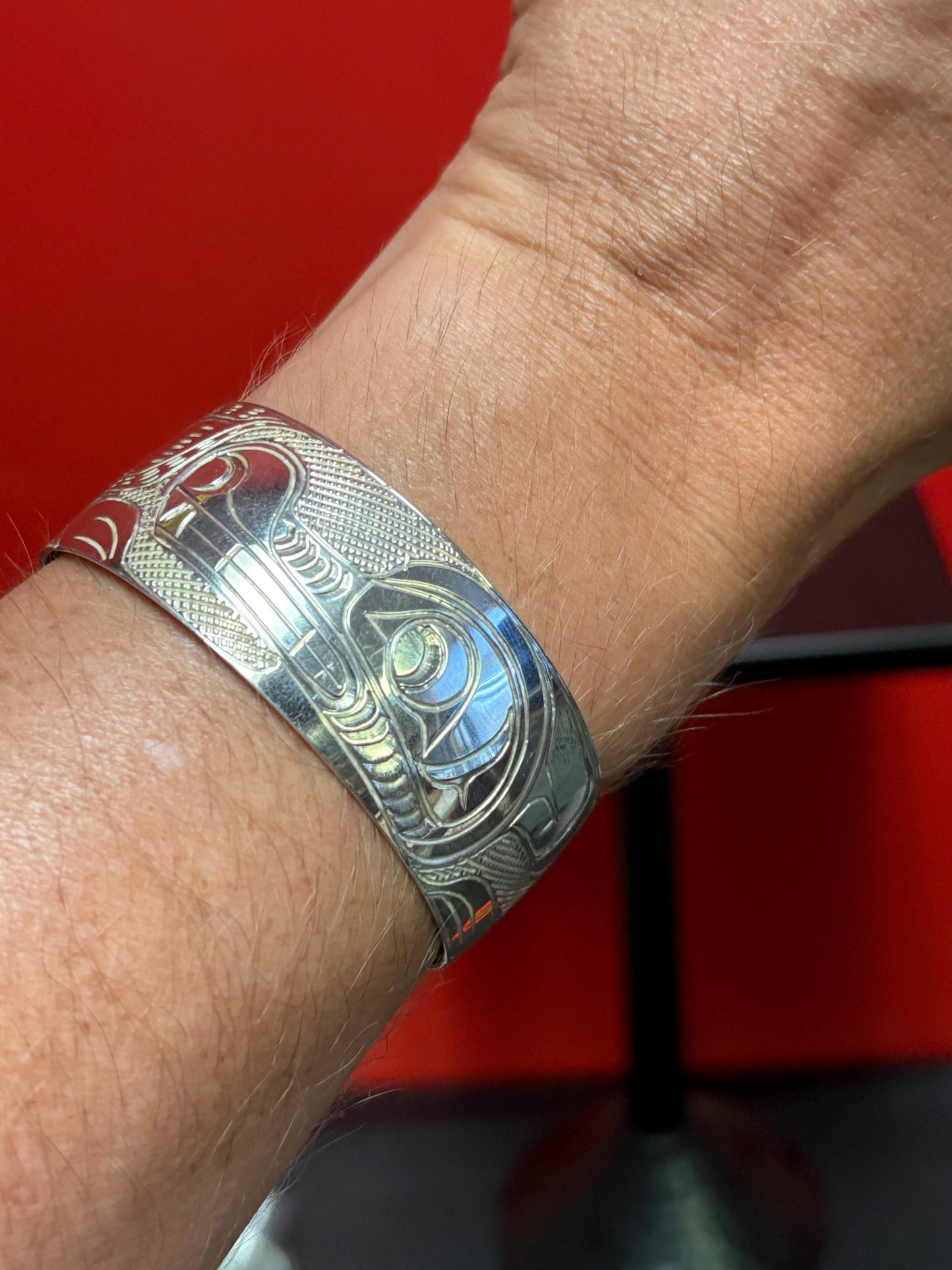 Stunning indigenous First Nations Pacific Northwest coast signed Sterling silver 2 1/2 inch wide and 1 thick bracelet cuff Thunderbird