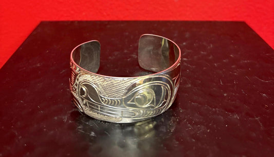 Stunning indigenous First Nations Pacific Northwest coast signed Sterling silver 2 1/2 inch wide and 1  thick bracelet cuff  Thunderbird