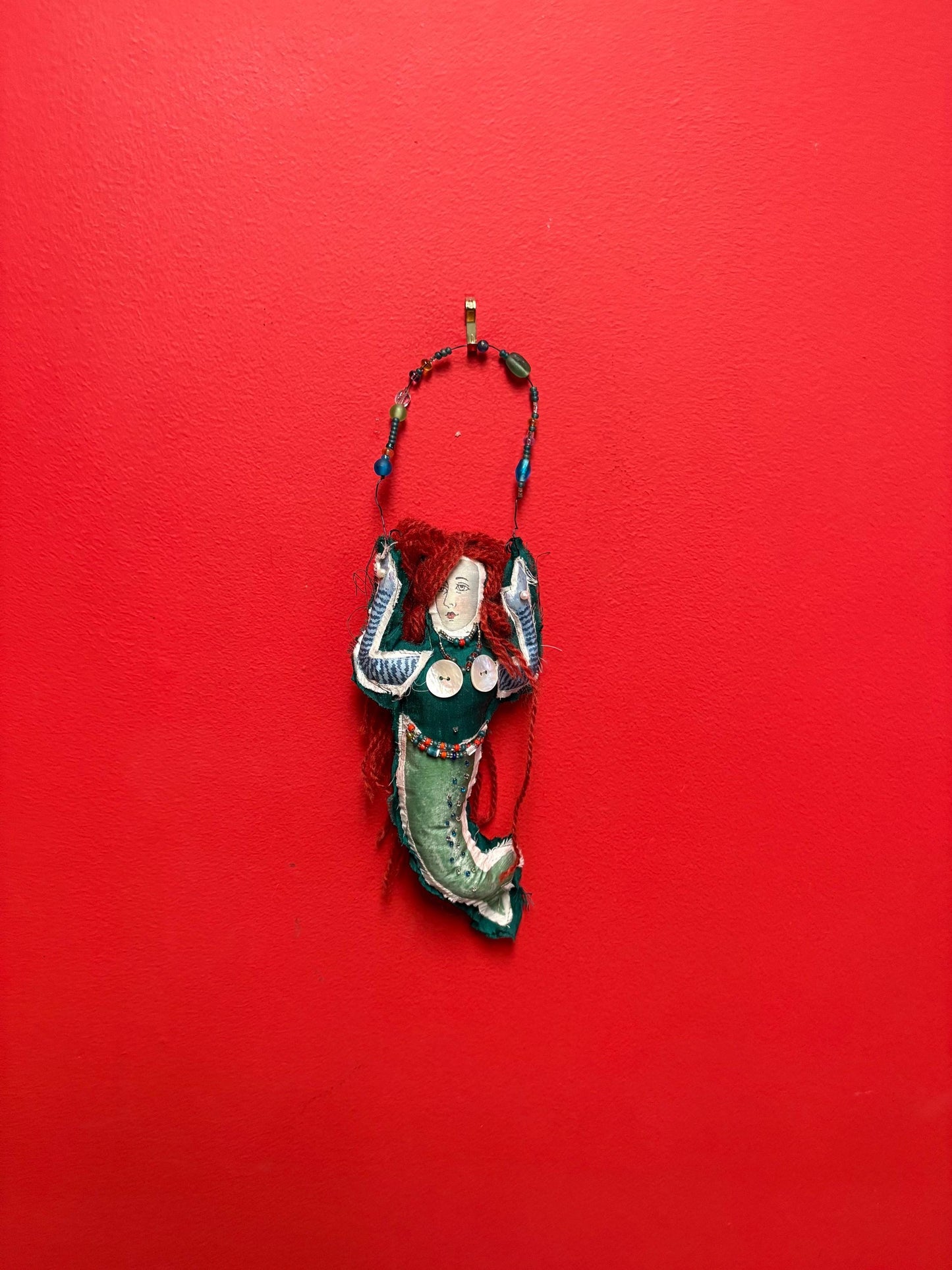 Fabulous unique indigenous? Vintage mermaid  - 13 inches long with fabric beads and mother of  Pearl   crazy cool mermaid