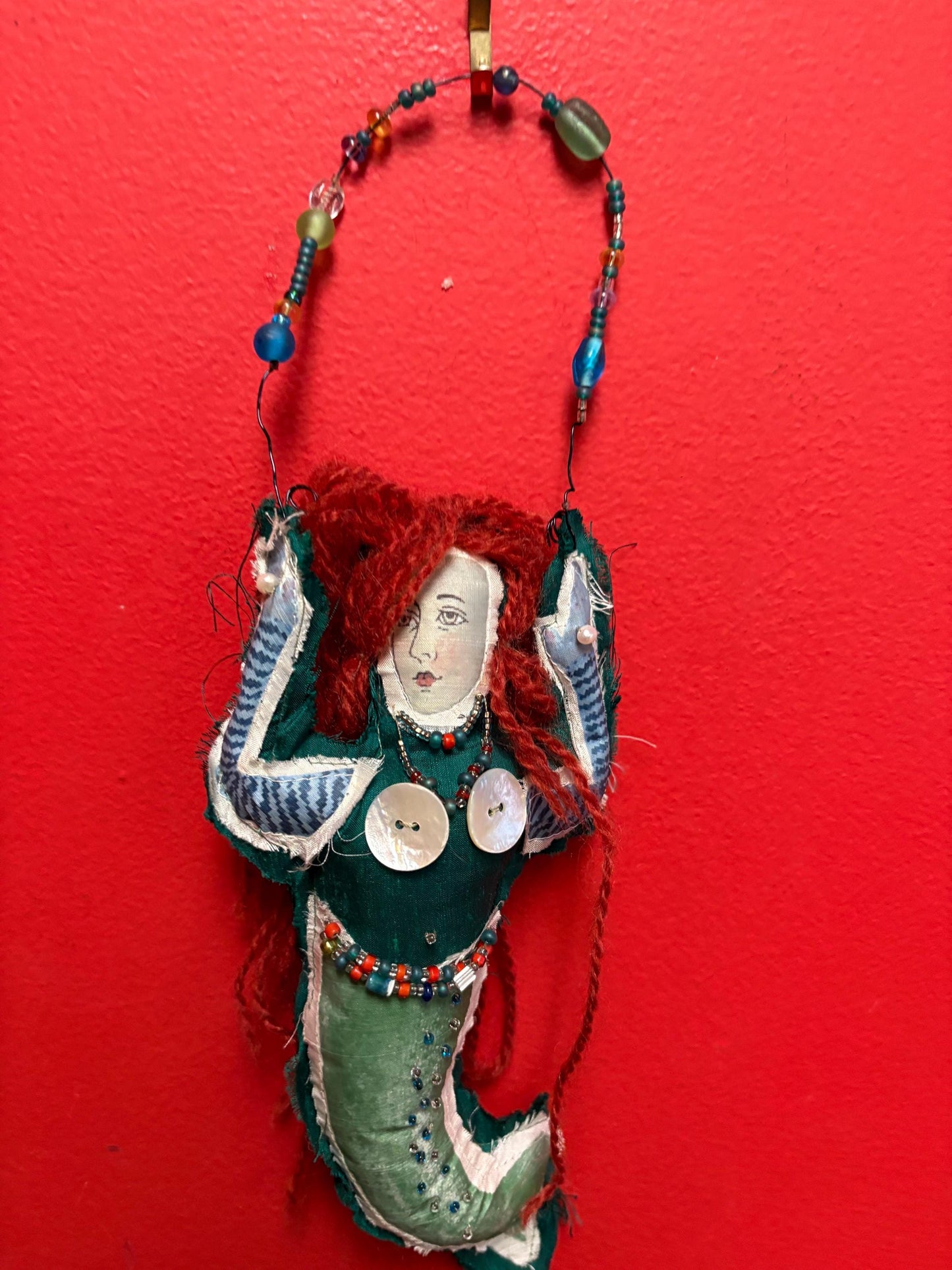Fabulous unique indigenous? Vintage mermaid  - 13 inches long with fabric beads and mother of  Pearl   crazy cool mermaid
