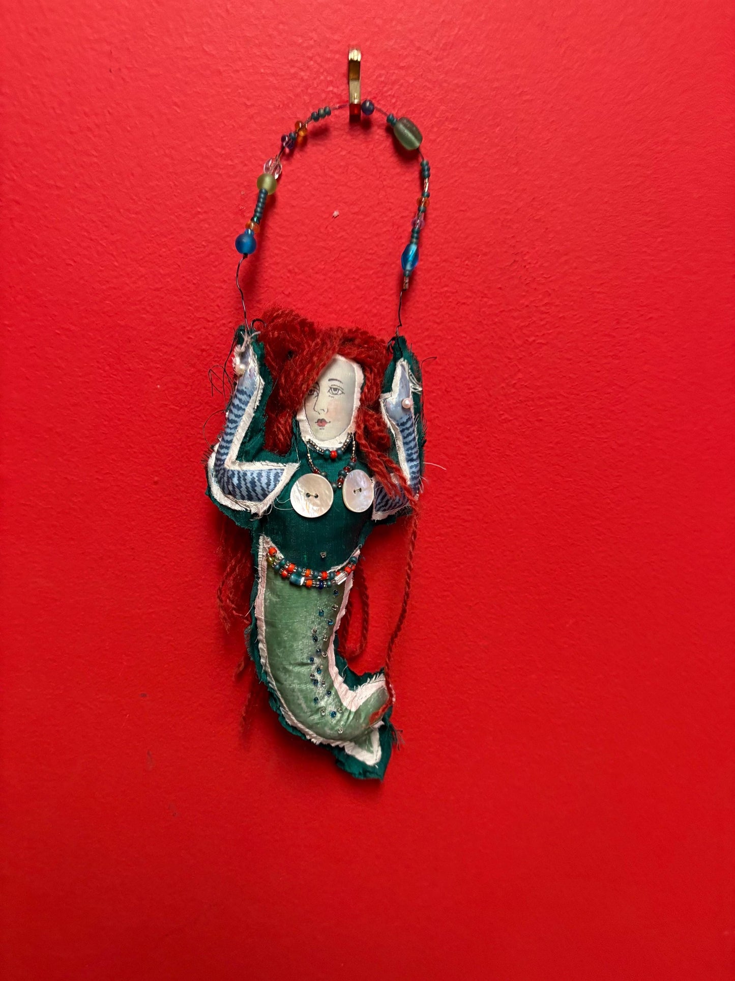 Fabulous unique indigenous? Vintage mermaid  - 13 inches long with fabric beads and mother of  Pearl   crazy cool mermaid