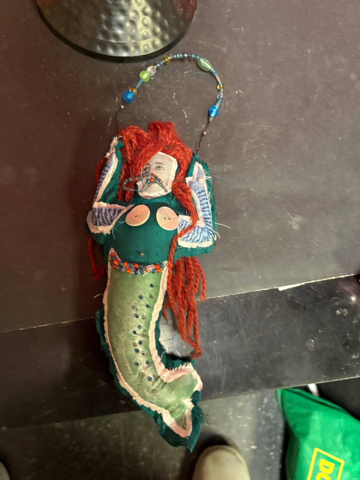 Fabulous unique indigenous? Vintage mermaid  - 13 inches long with fabric beads and mother of  Pearl   crazy cool mermaid