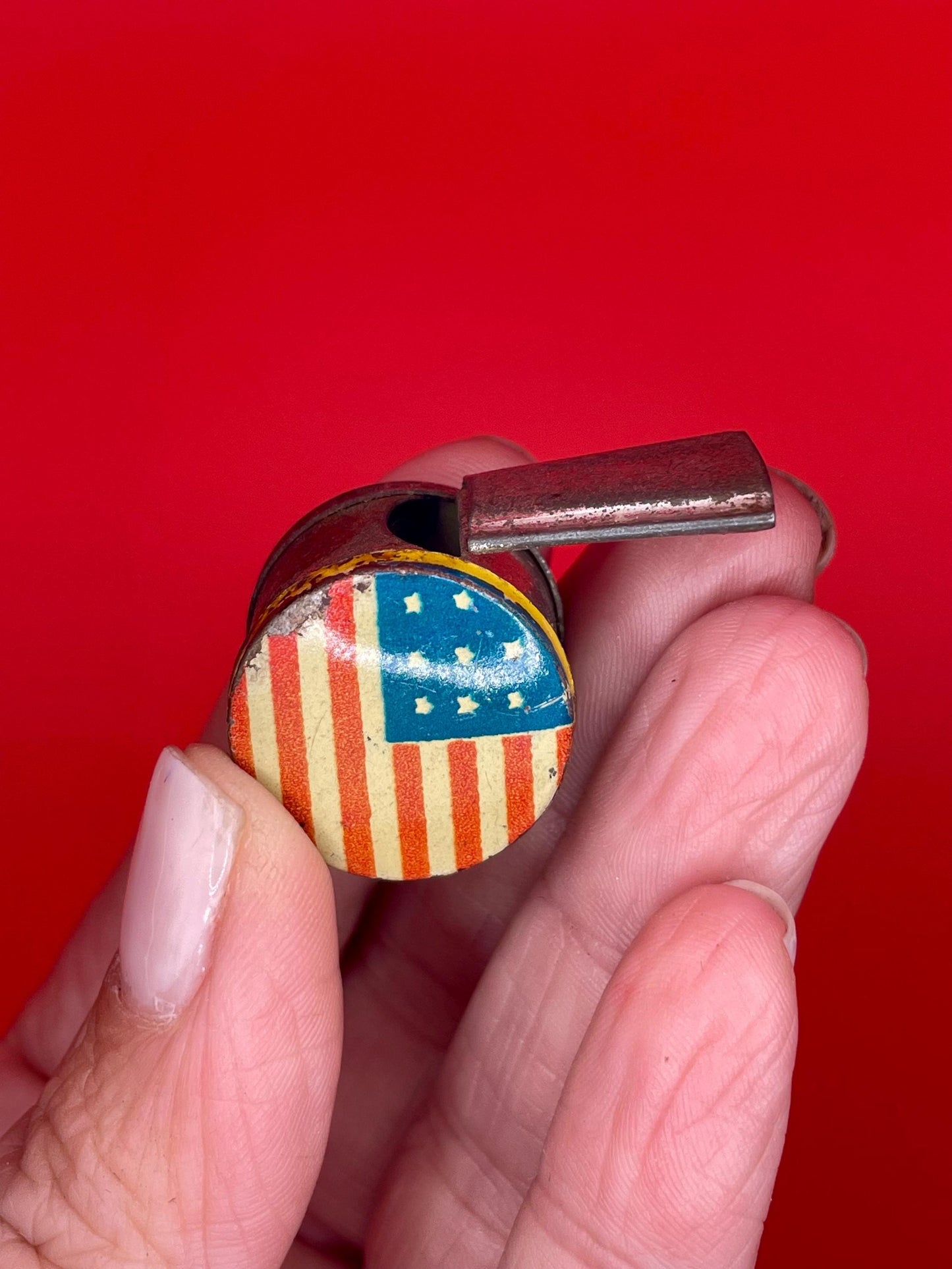 Vintage Metal Whistle with American Flag Design