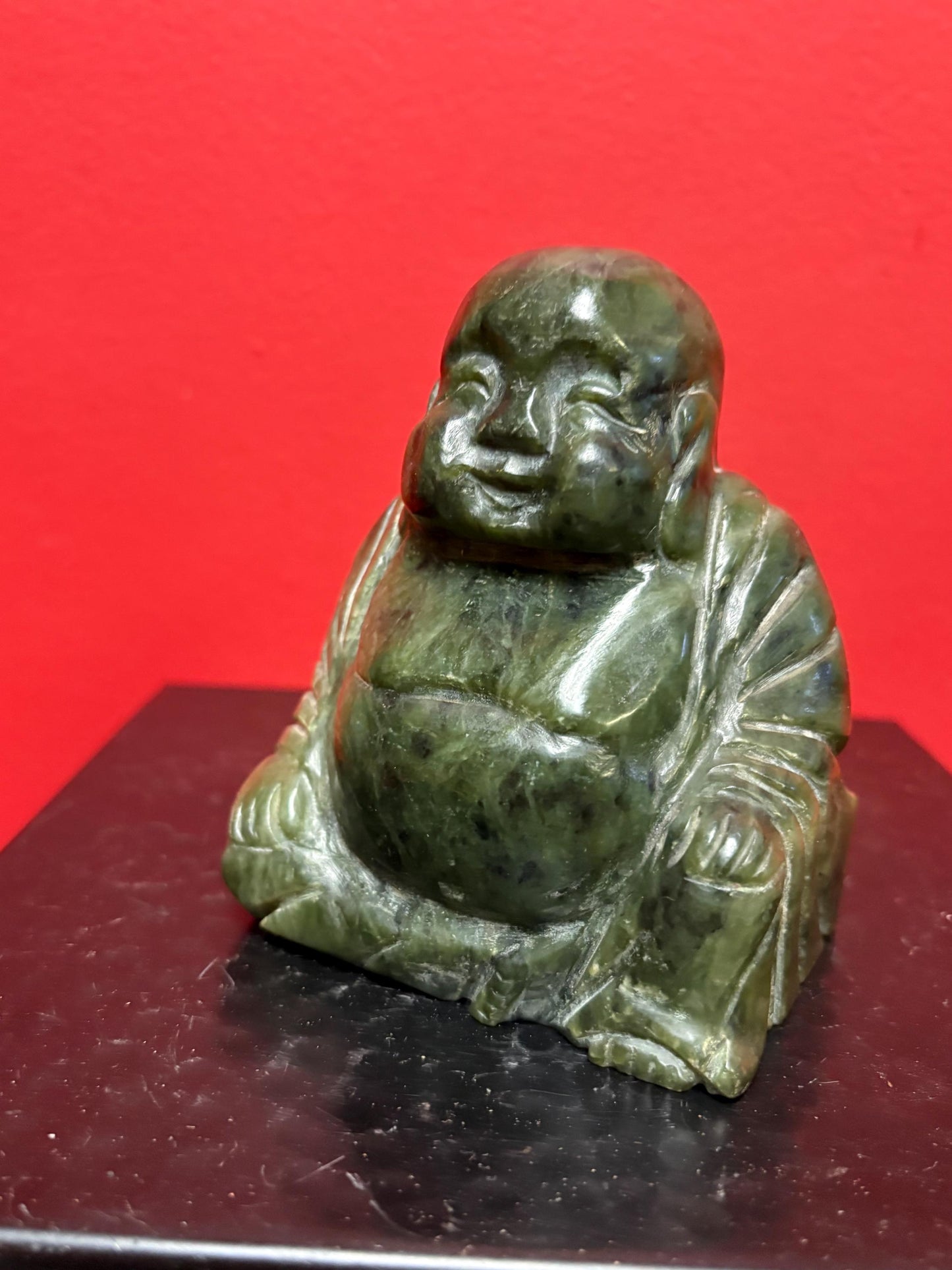 Wonderful Chinese antique dark green jade 4.5 inches high  happy Buddha  amazing detail and good value