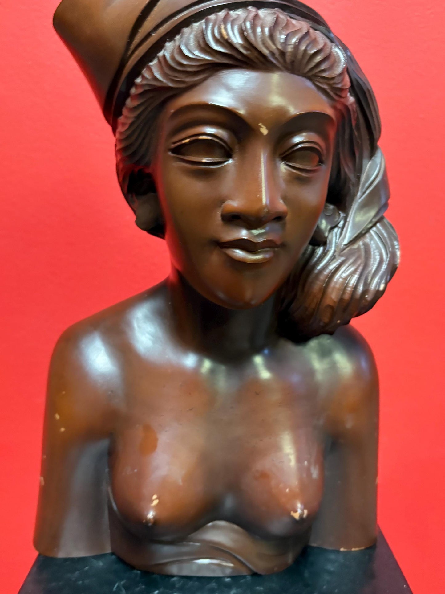 Stunning Indonesian signed antique heavy wooden statue of a woman striking imagery amazing gift and great value- 11.5 inches high