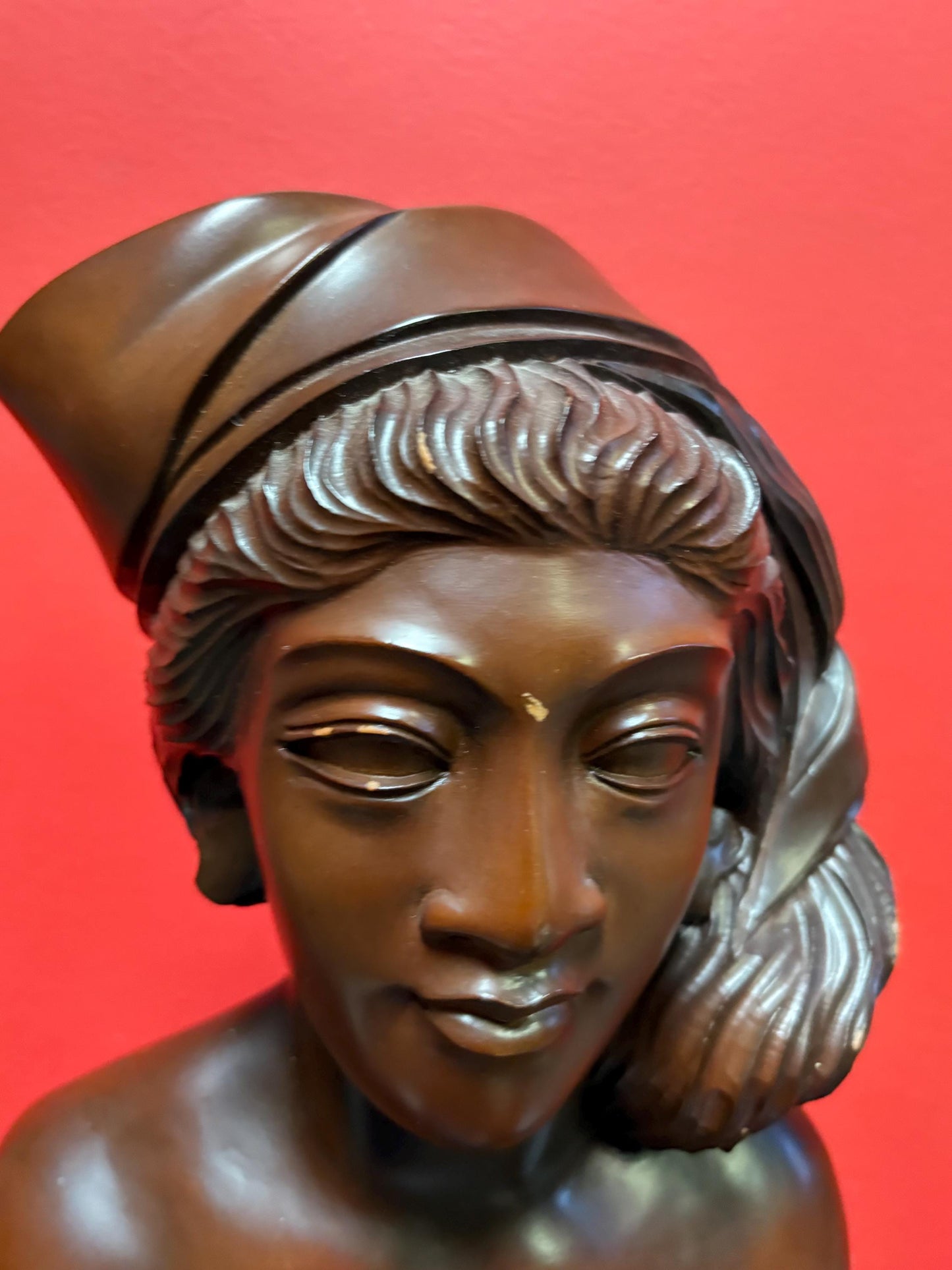 Stunning Indonesian signed antique heavy wooden statue of a woman striking imagery amazing gift and great value- 11.5 inches high