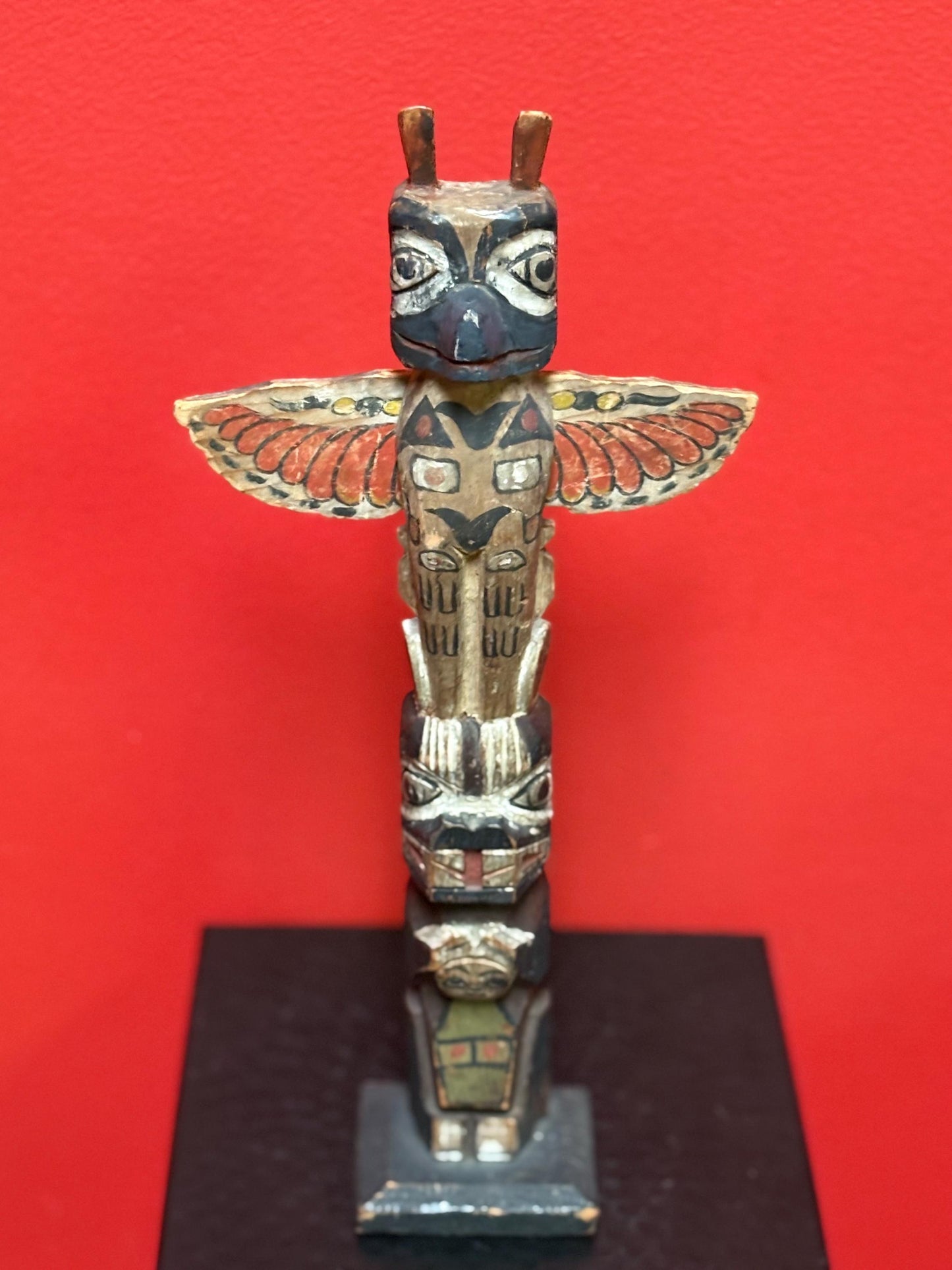 Stunning antique polychrome indigenous first nation pacific north West Coast 12 1/2 x 6 wide totem pole  wonderful condition wow piece -